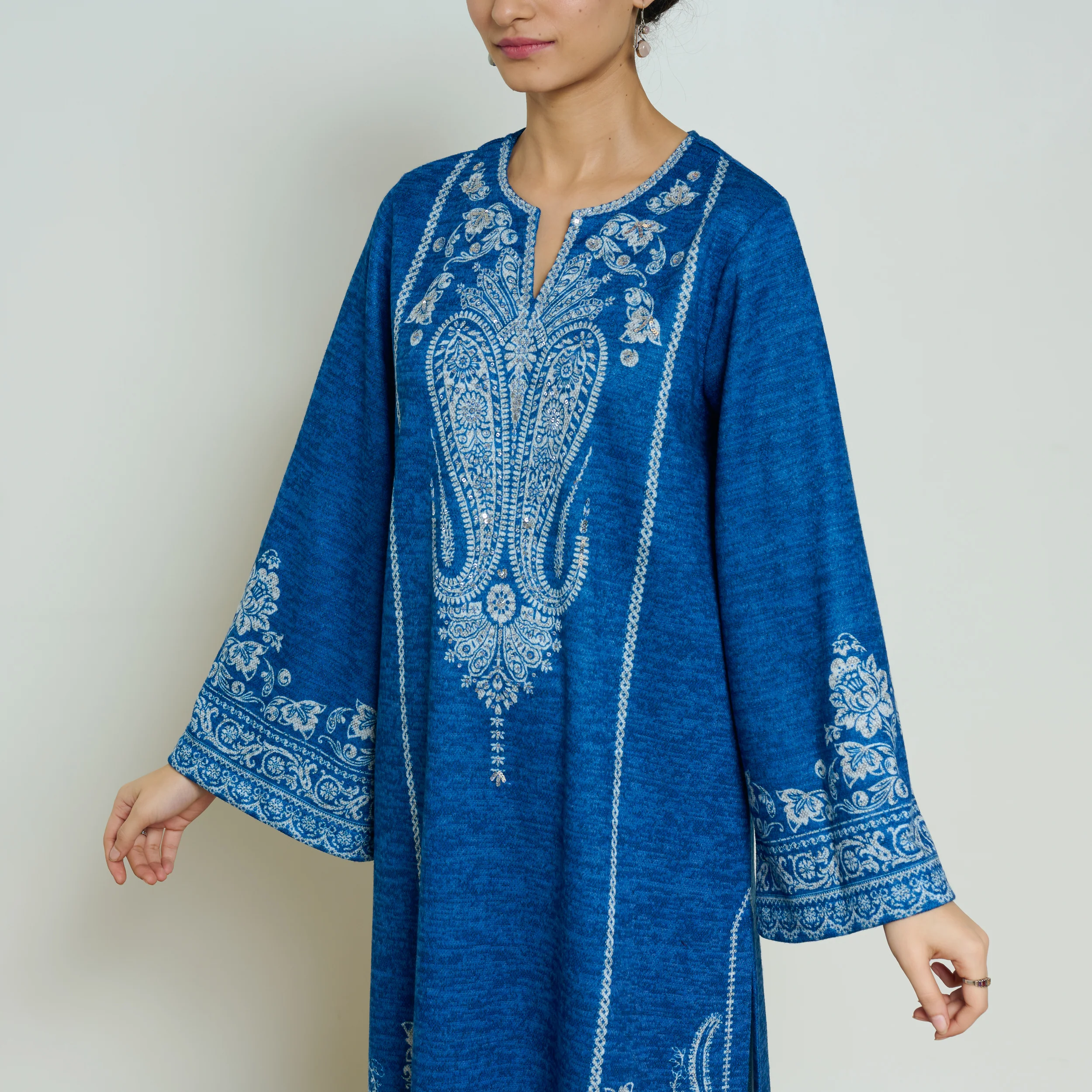 Nura Hand Embroidered Woollen Long Kurta - Electric Blue - Image 4