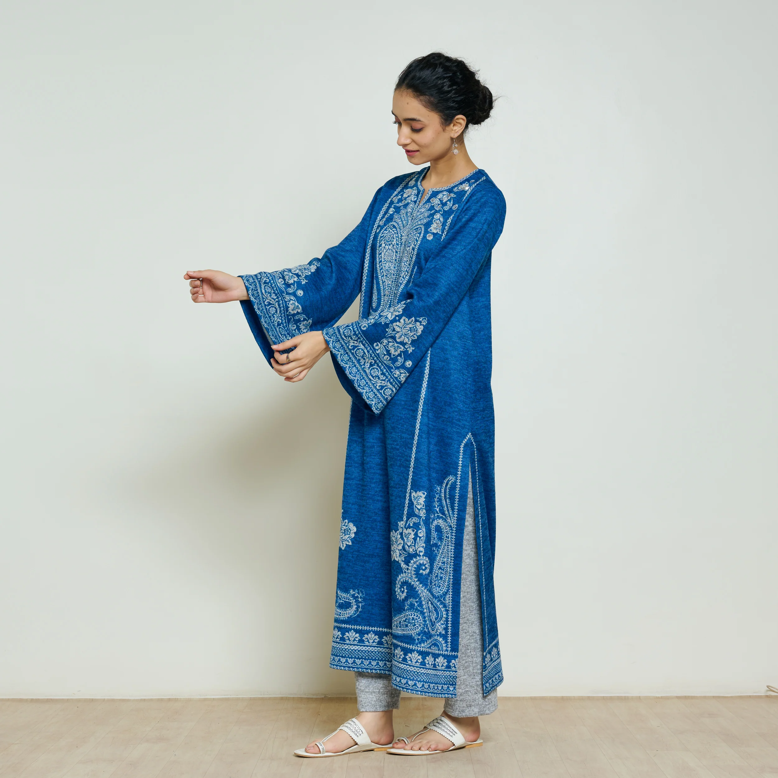 Nura Hand Embroidered Woollen Long Kurta - Electric Blue - Image 5