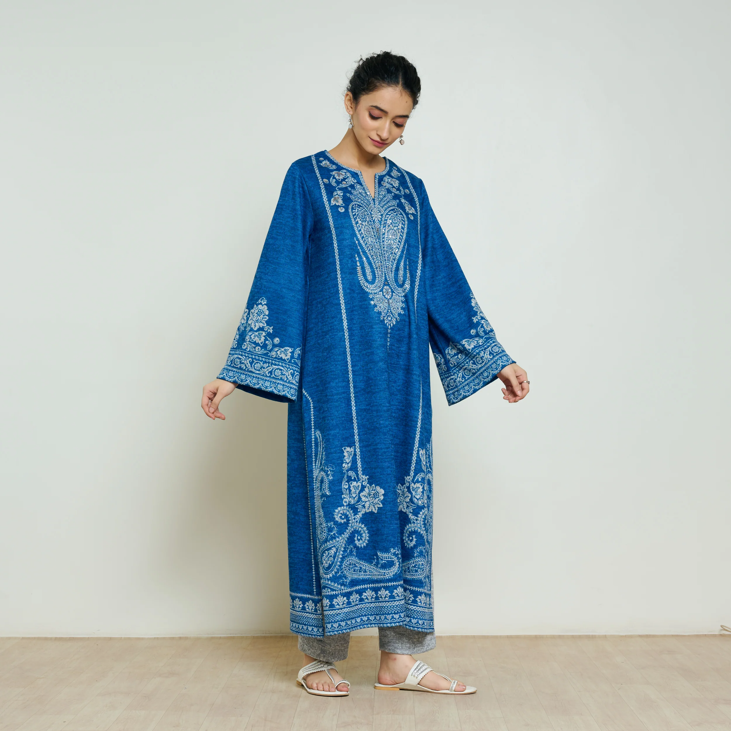 Nura Hand Embroidered Woollen Long Kurta - Electric Blue - Image 6