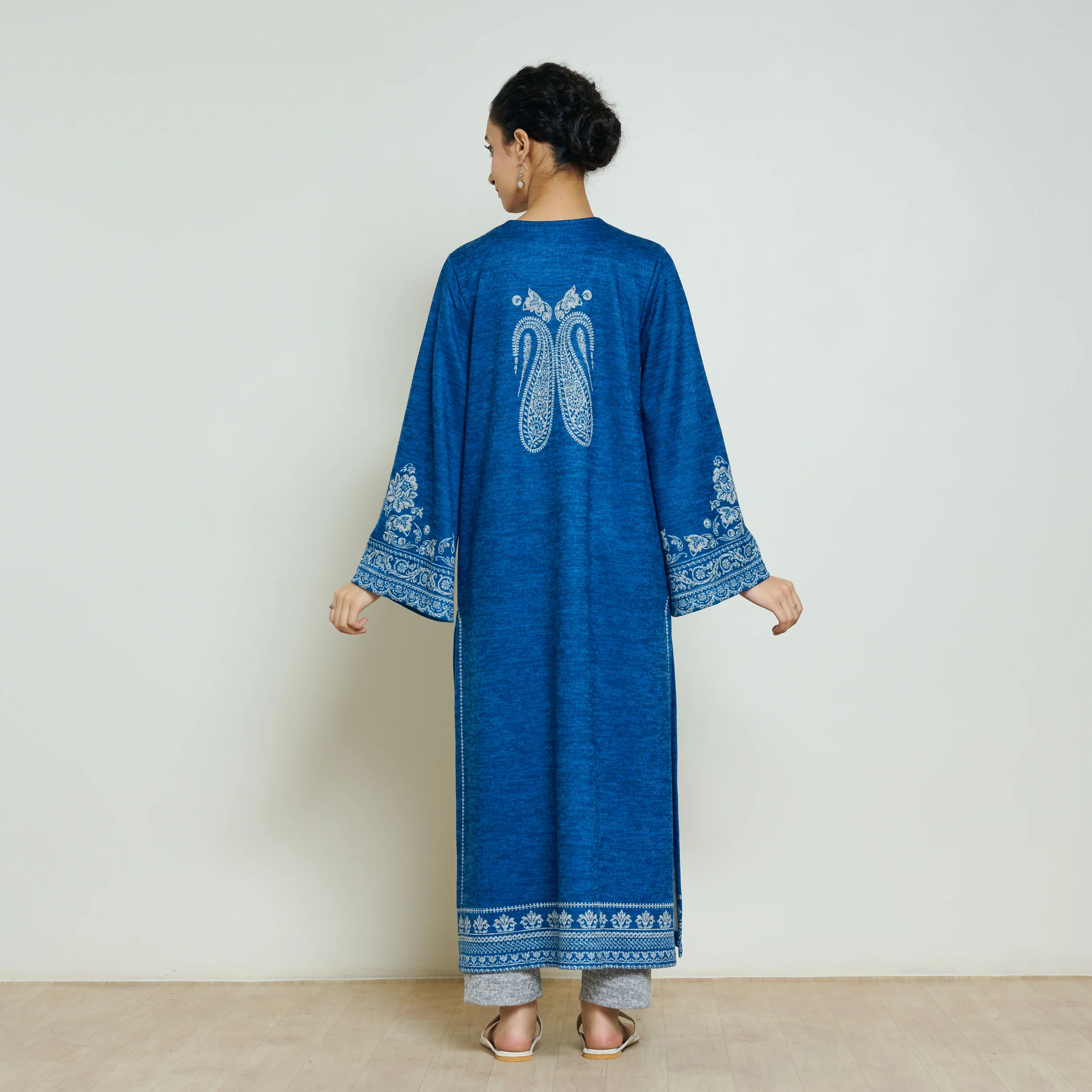 Nura Hand Embroidered Woollen Long Kurta - Electric Blue - Image 7