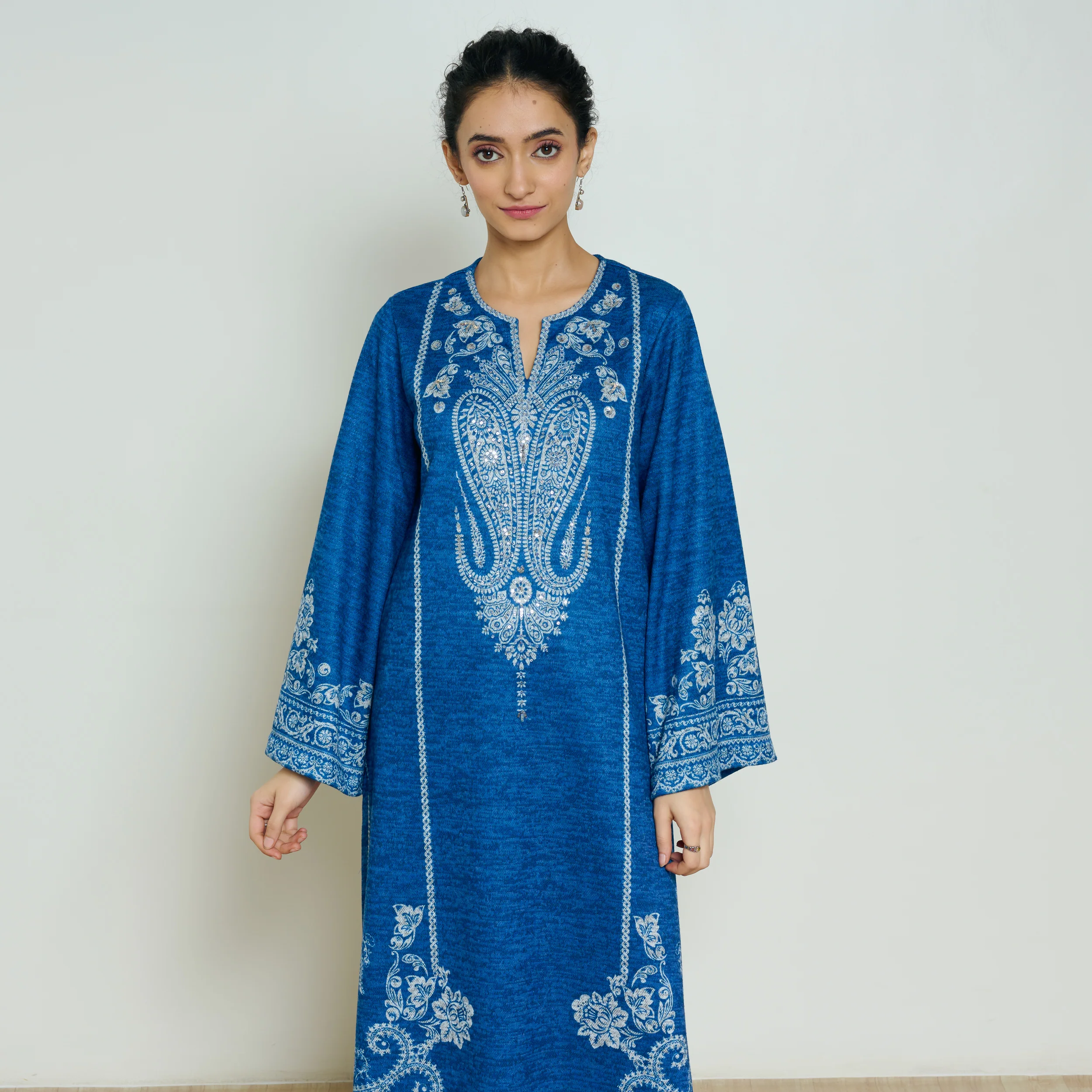 Nura Hand Embroidered Woollen Long Kurta - Electric Blue - Image 8