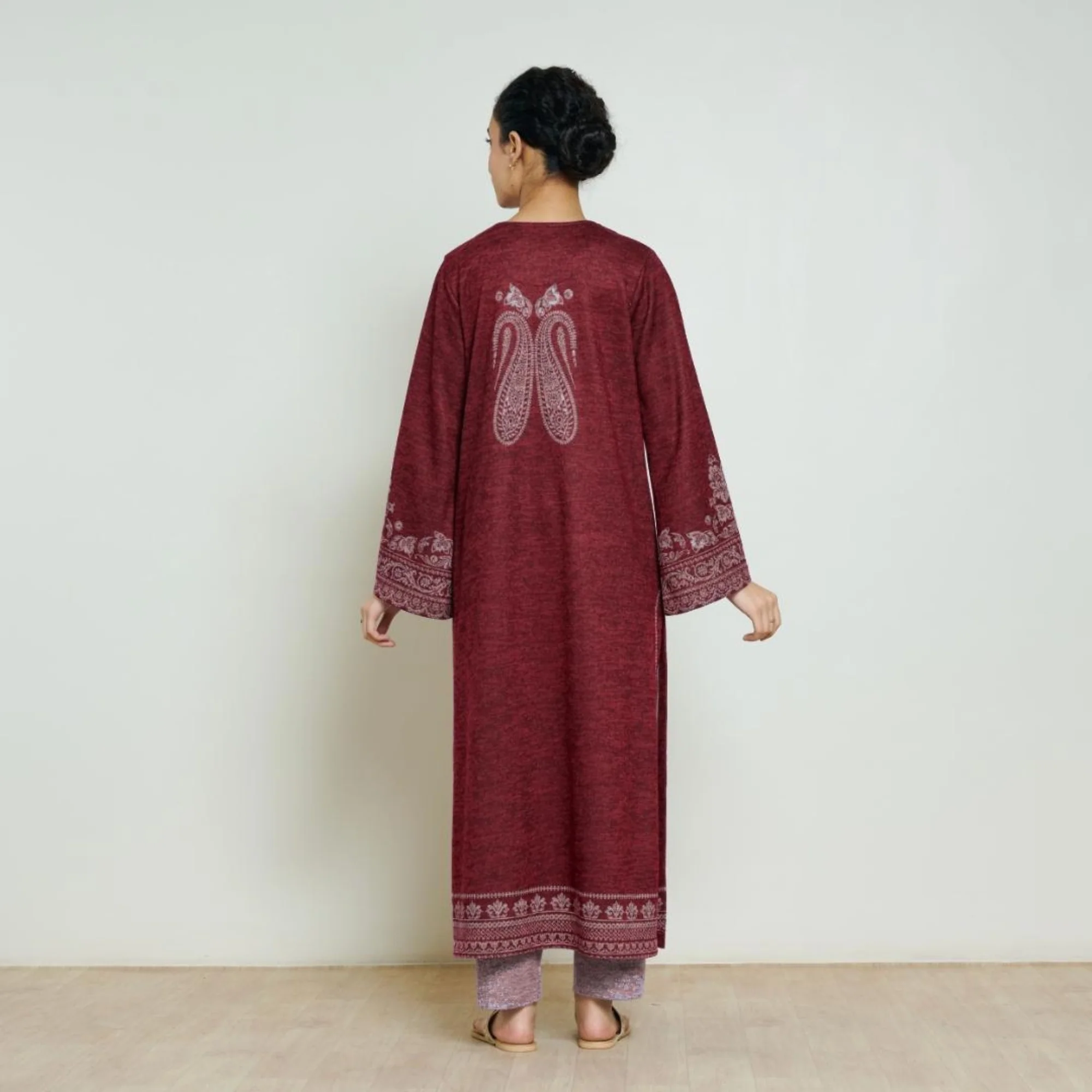 Nura Hand Embroidered Woollen Long Kurta - Maroon - Image 10