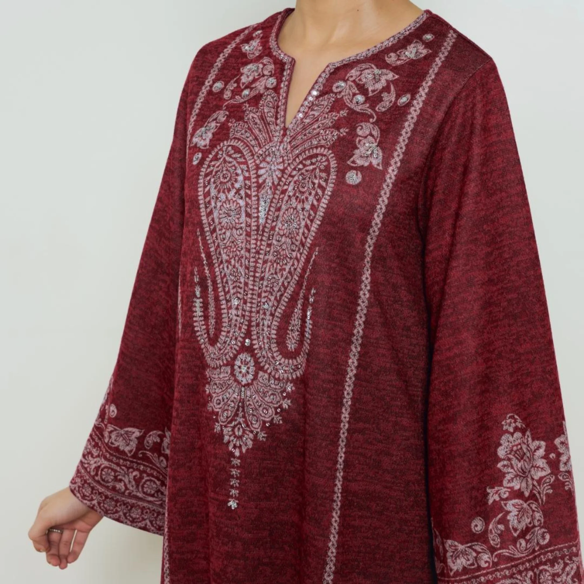 Nura Hand Embroidered Woollen Long Kurta - Maroon - Image 2