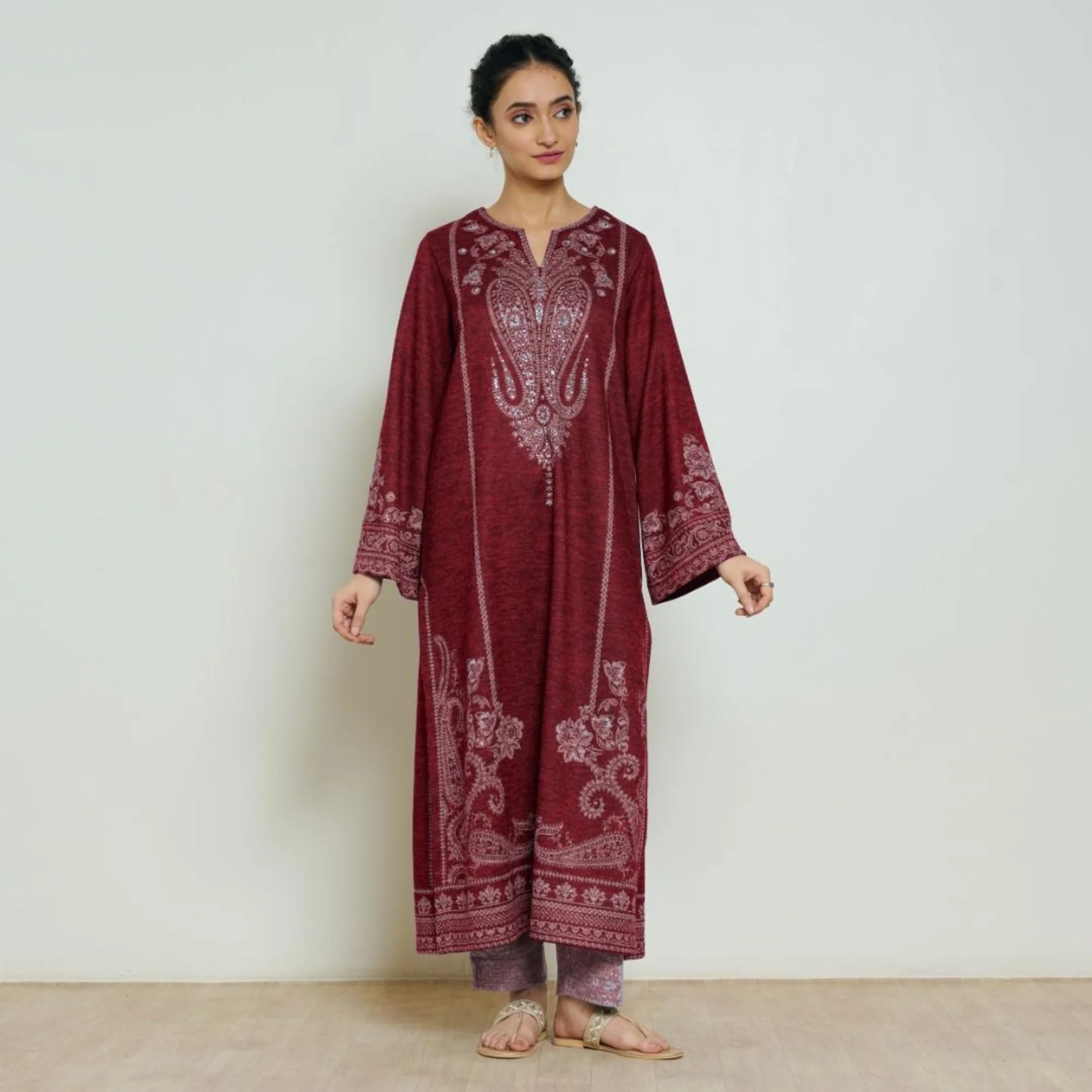 Nura Hand Embroidered Woollen Long Kurta - Maroon - Image 3