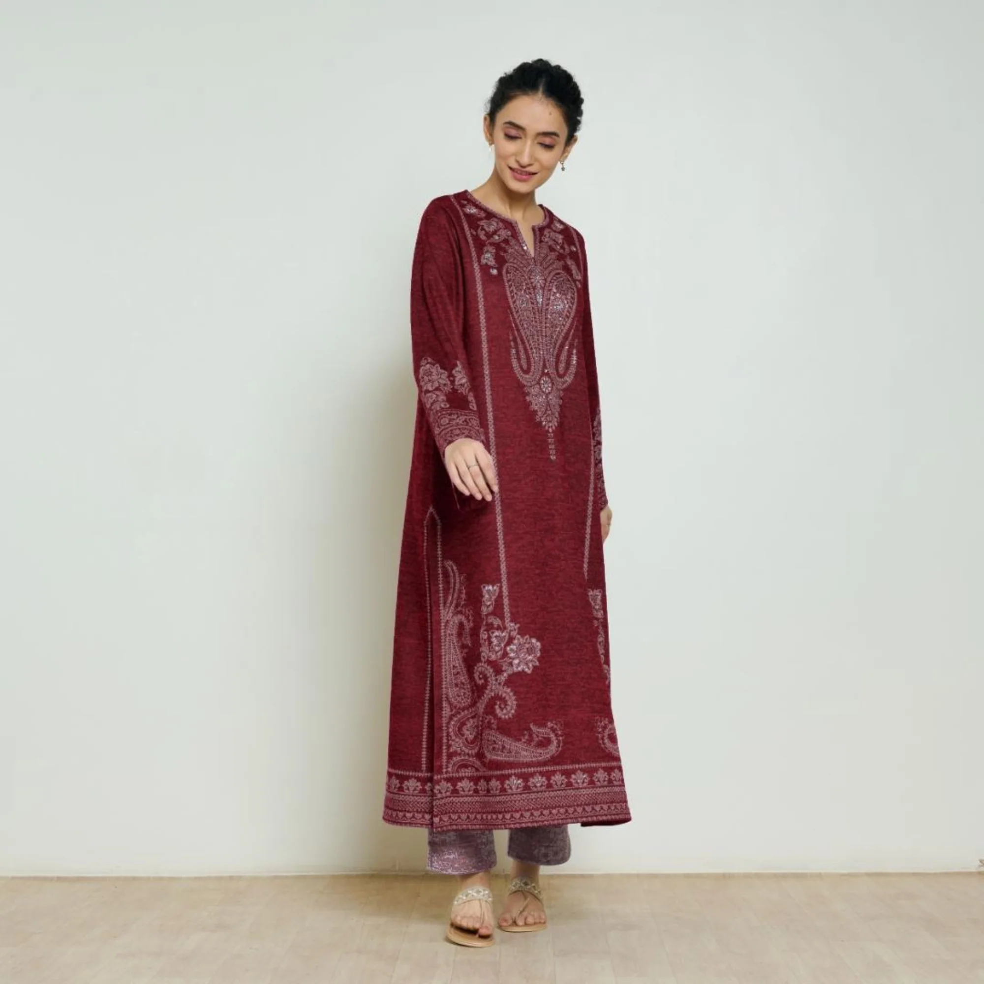 Nura Hand Embroidered Woollen Long Kurta - Maroon - Image 6
