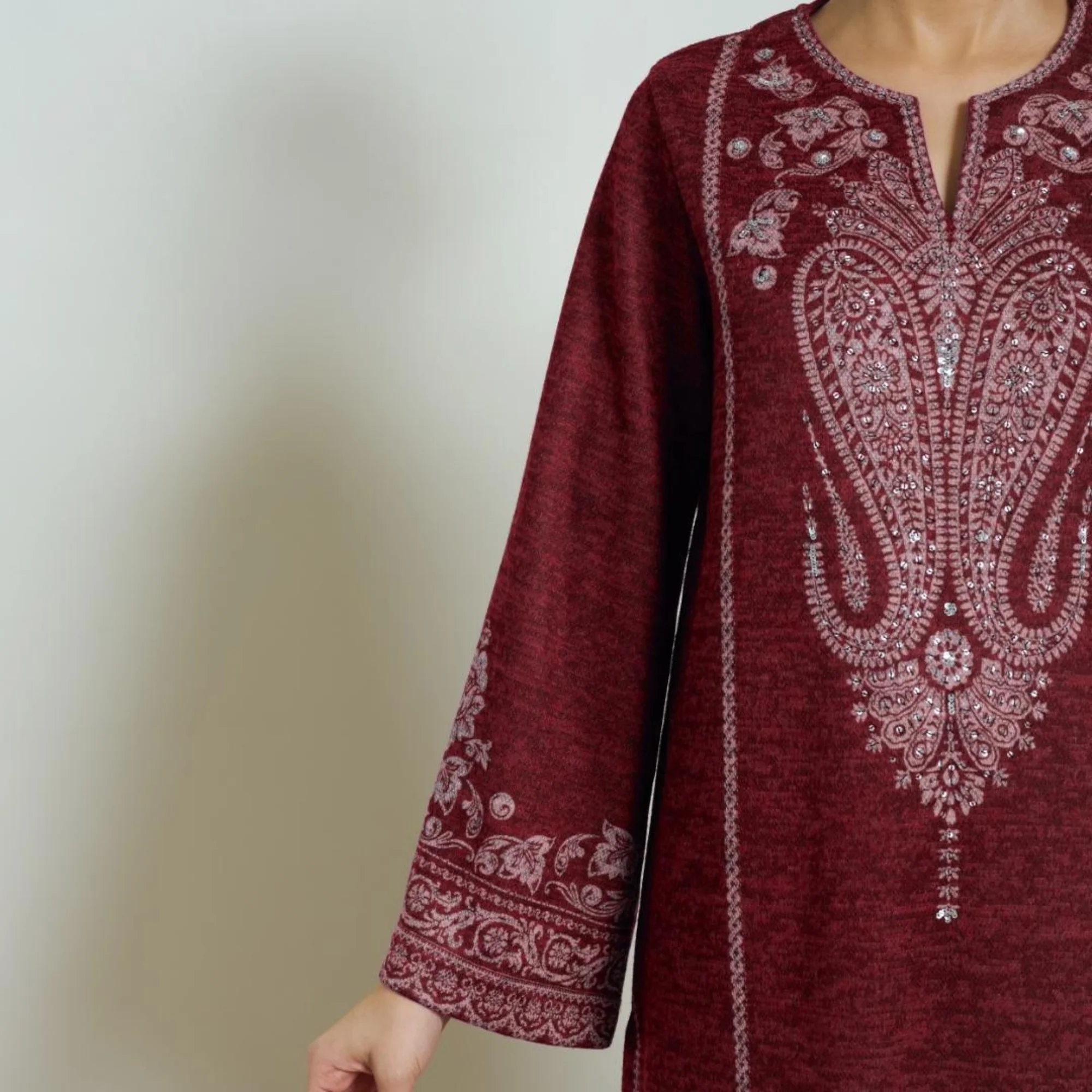 Nura Hand Embroidered Woollen Long Kurta - Maroon - Image 8