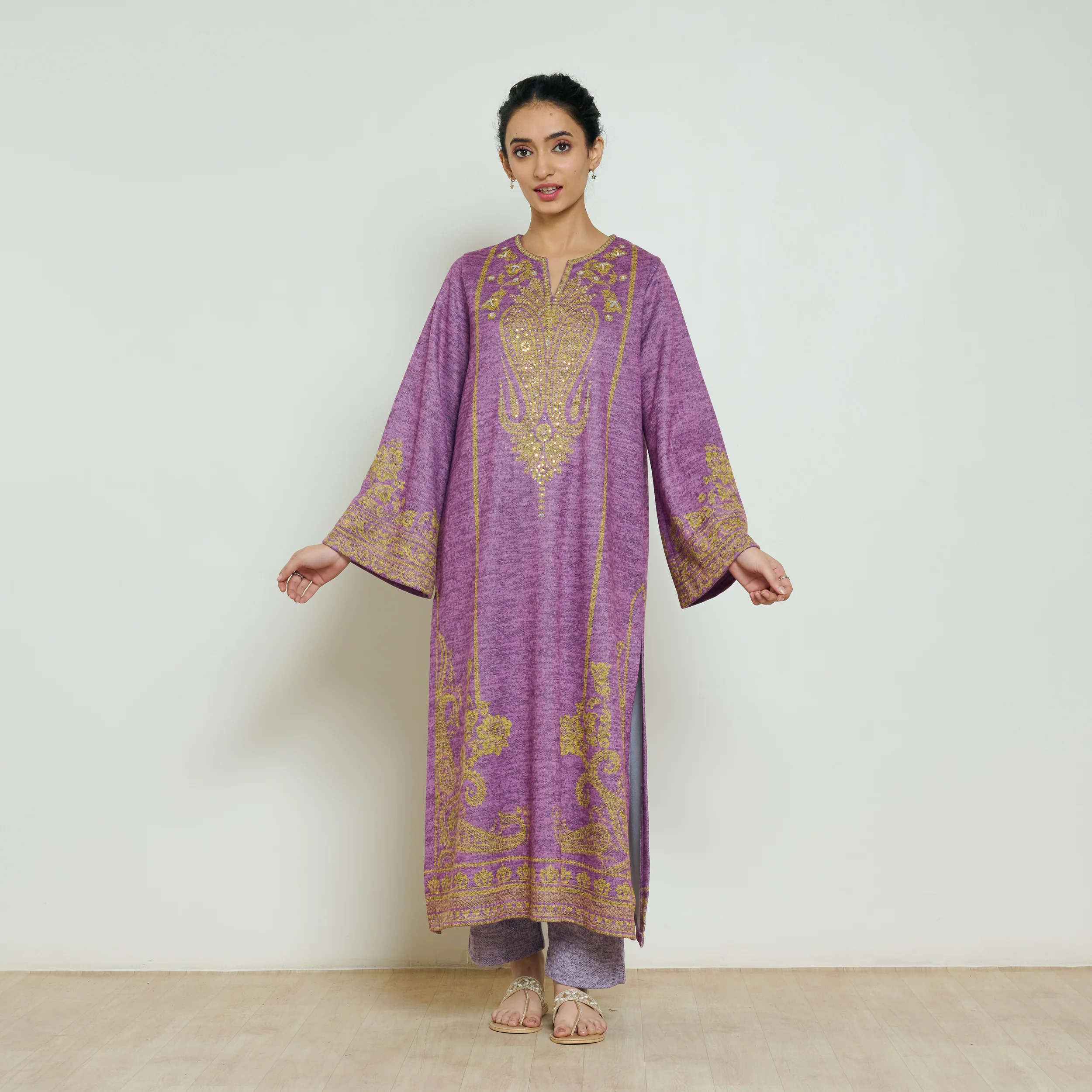 Nura Hand Embroidered Woollen Long Kurta - Purple - Image 3