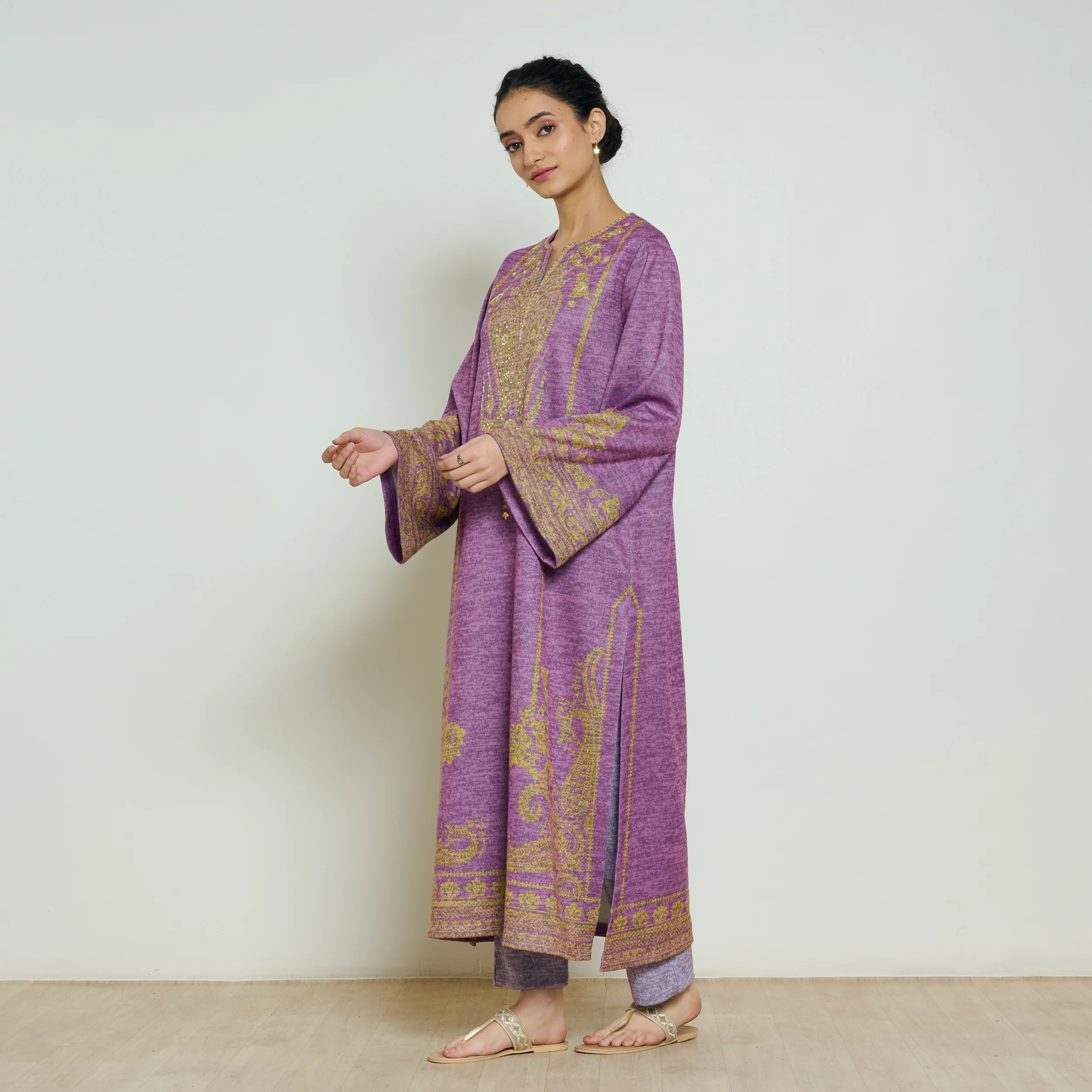 Nura Hand Embroidered Woollen Long Kurta - Purple - Image 4