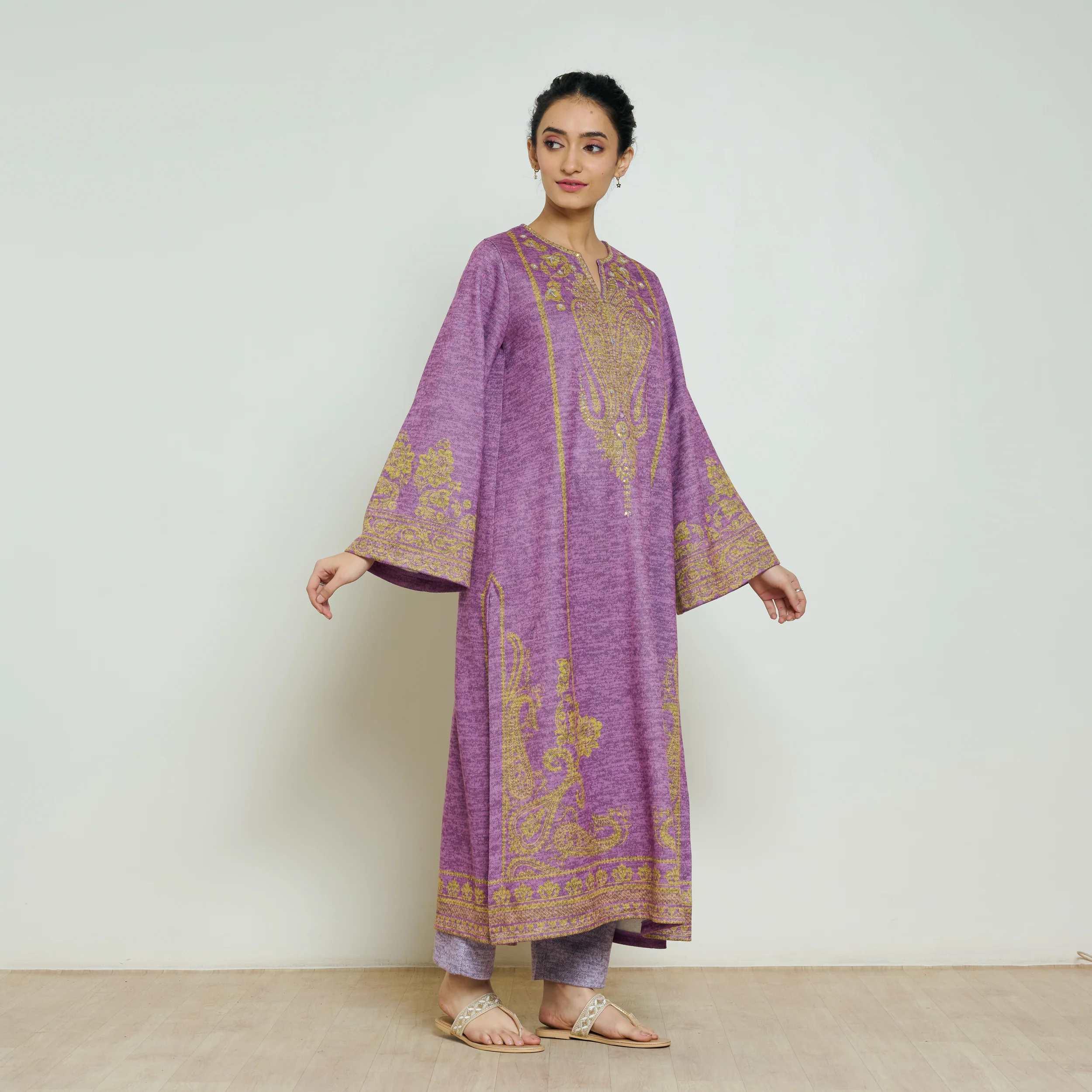 Nura Hand Embroidered Woollen Long Kurta - Purple - Image 5