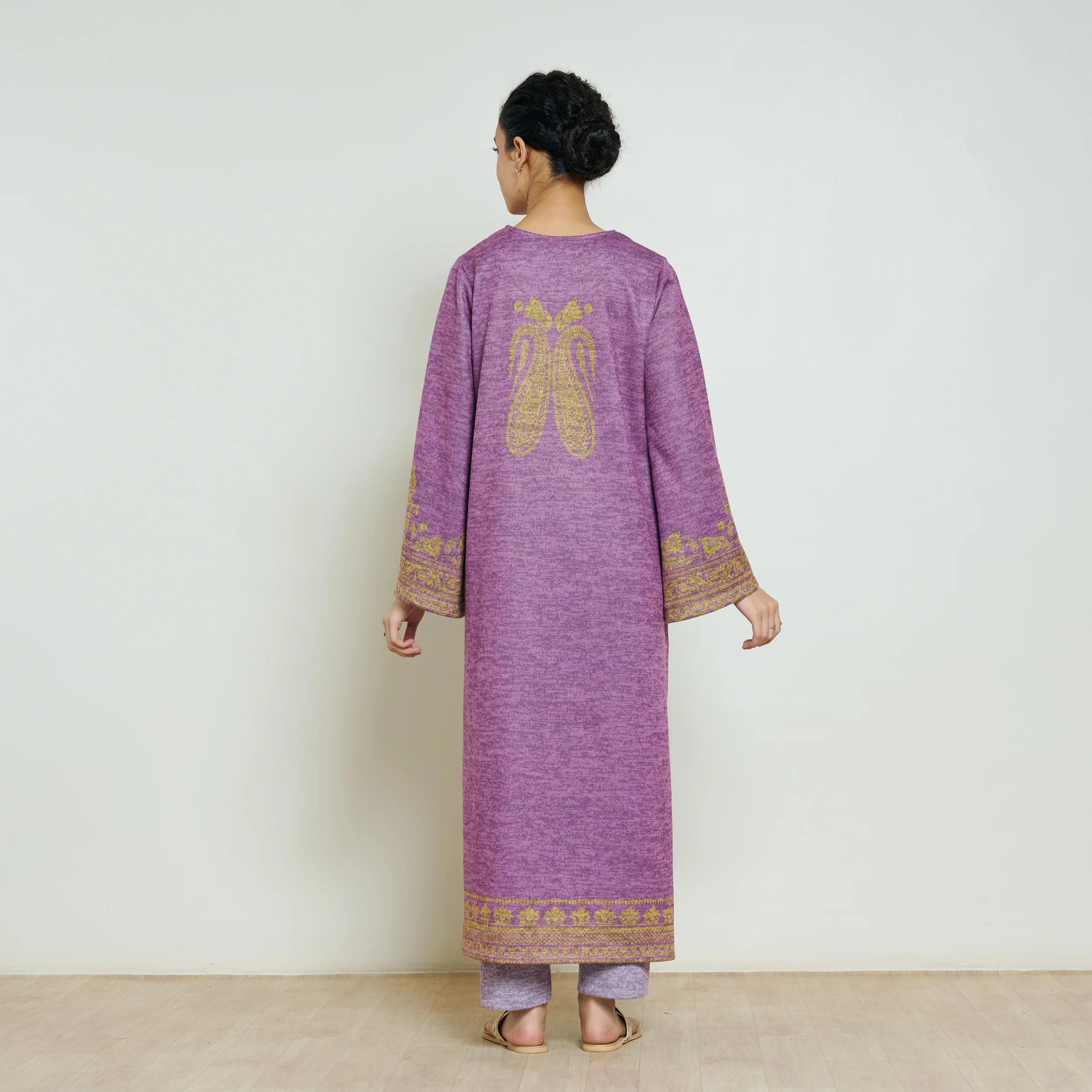 Nura Hand Embroidered Woollen Long Kurta - Purple - Image 6