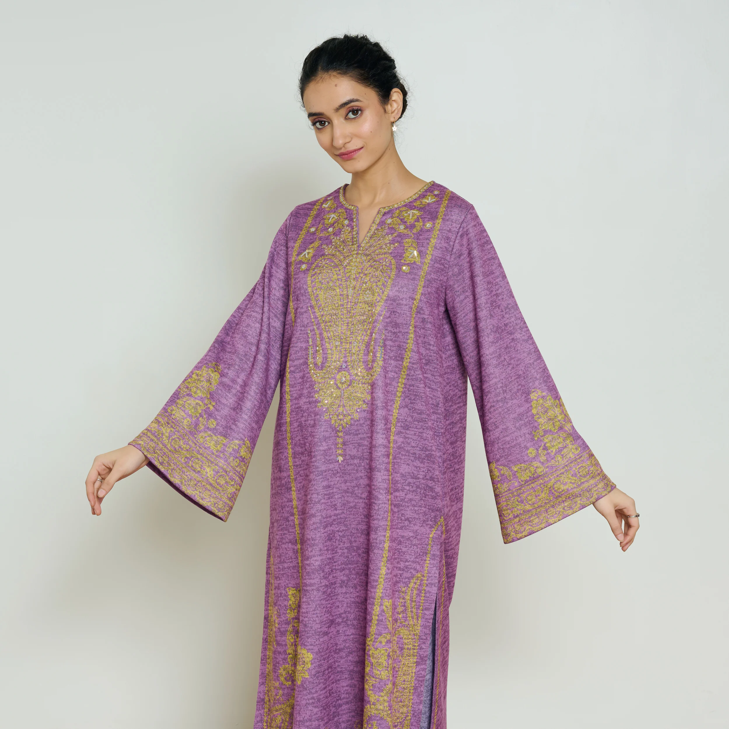 Nura Hand Embroidered Woollen Long Kurta - Purple - Image 7