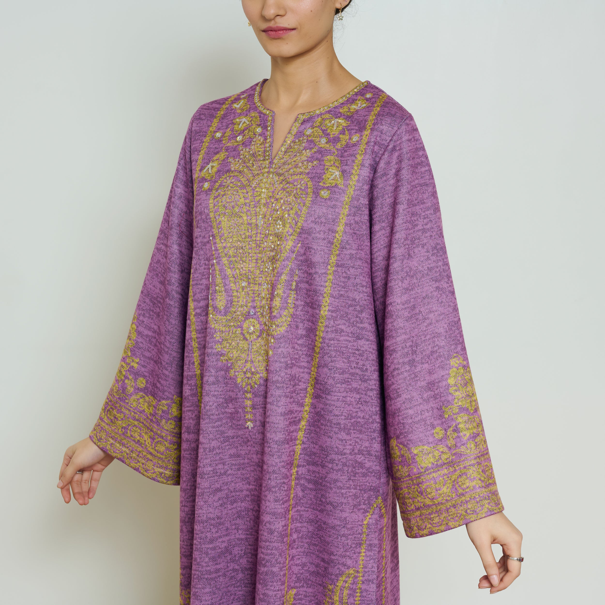 Nura Hand Embroidered Woollen Long Kurta - Purple - Image 8