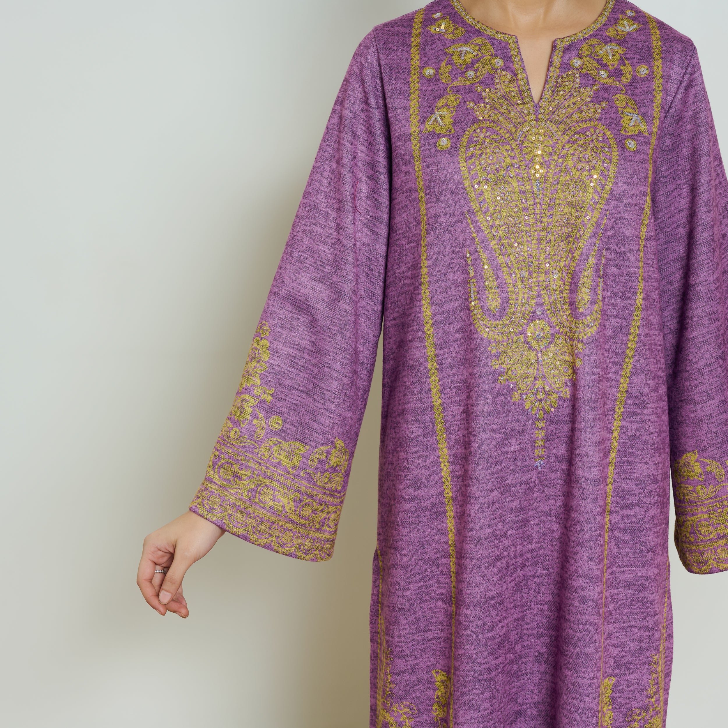 Nura Hand Embroidered Woollen Long Kurta - Purple - Image 9