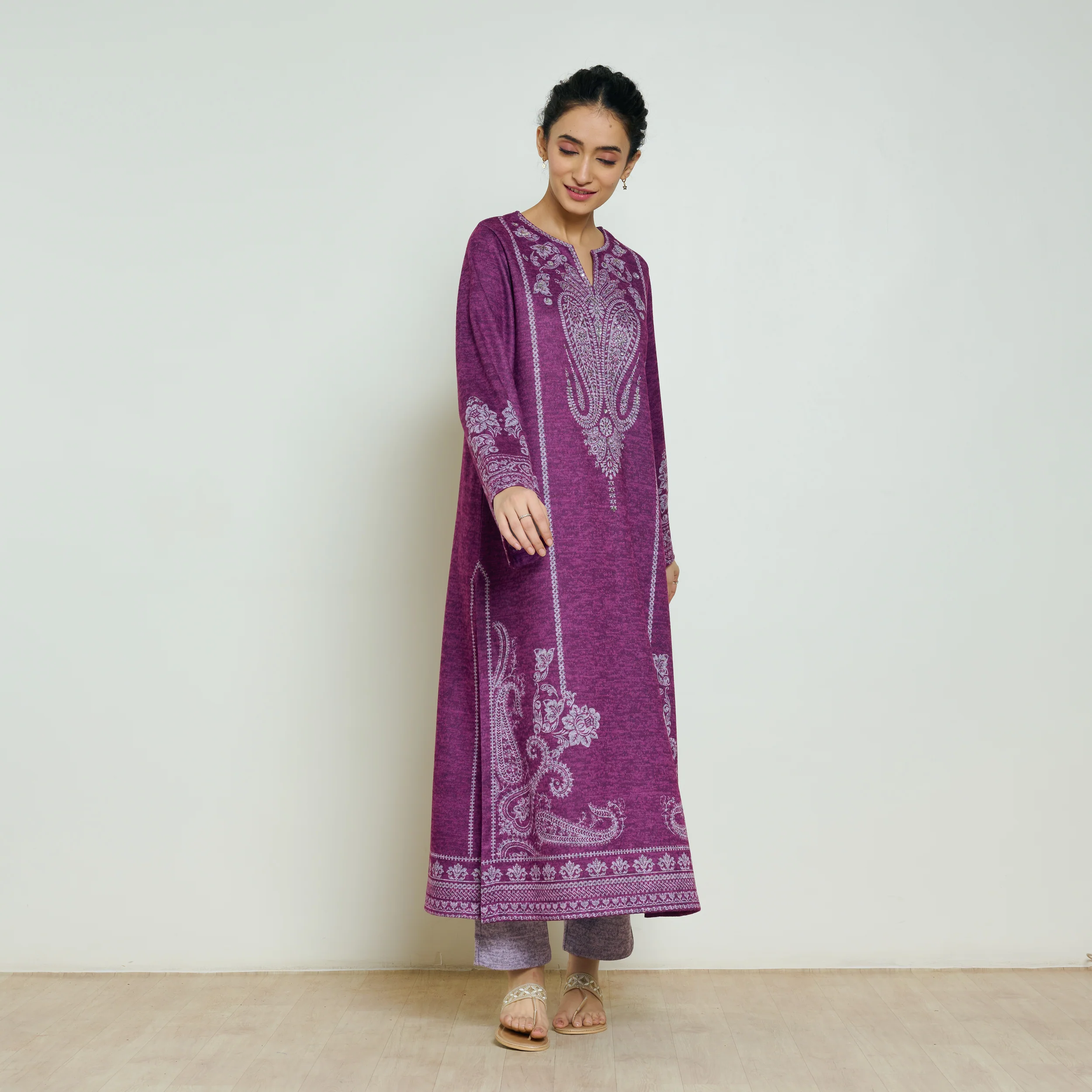 Nura Hand Embroidered Woollen Long Kurta - Wine - Image 3