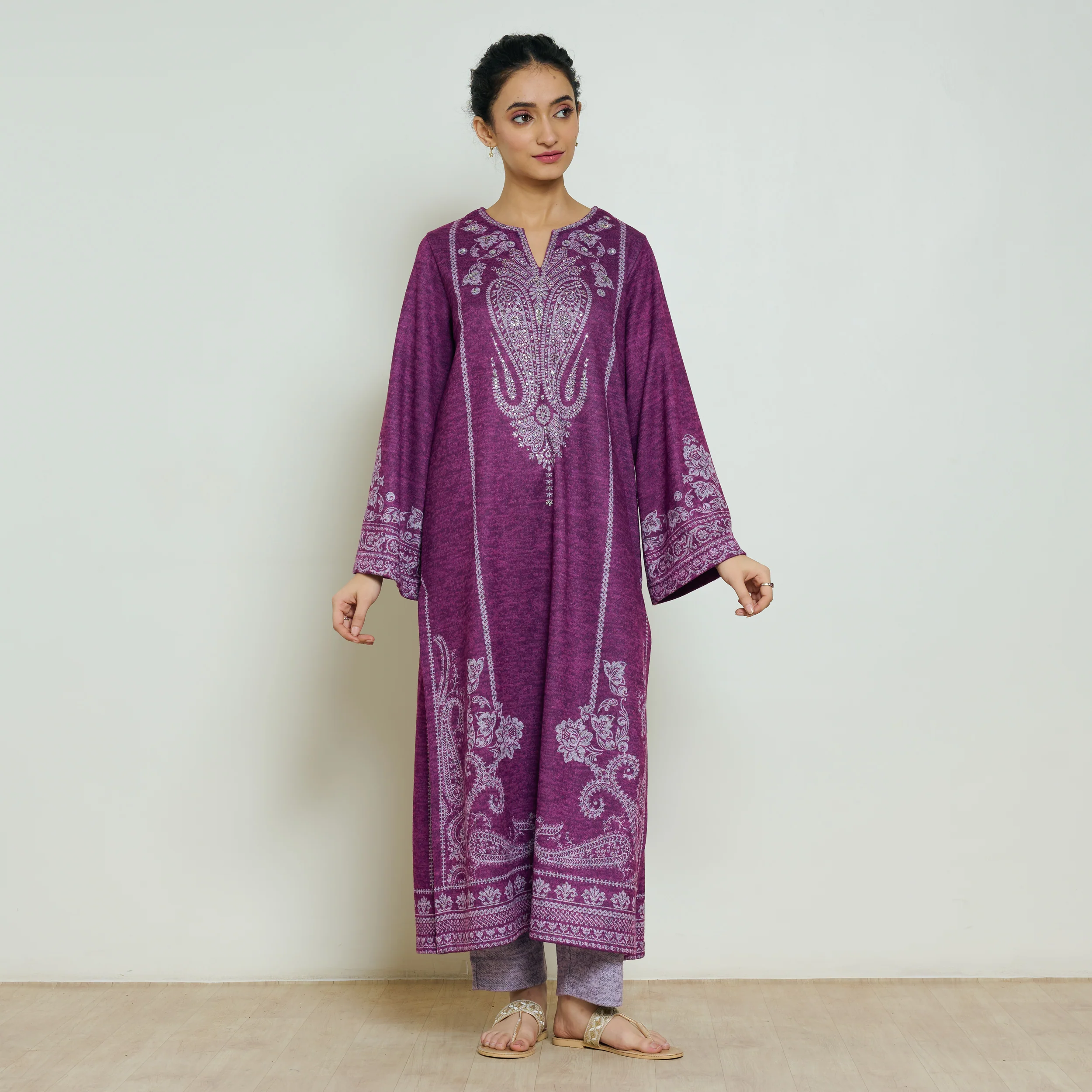 Nura Hand Embroidered Woollen Long Kurta - Wine - Image 4