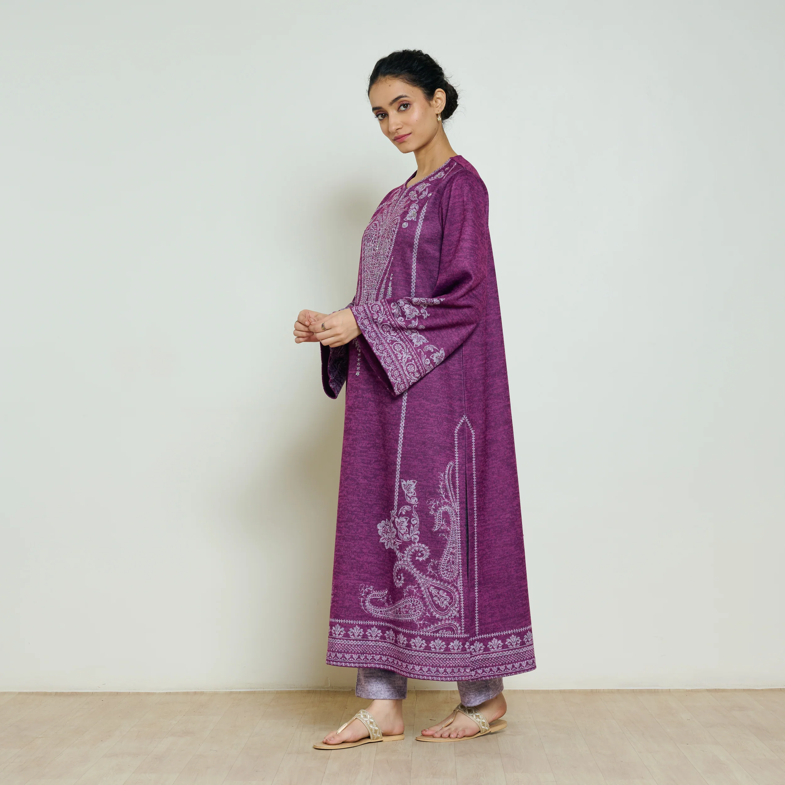 Nura Hand Embroidered Woollen Long Kurta - Wine - Image 5