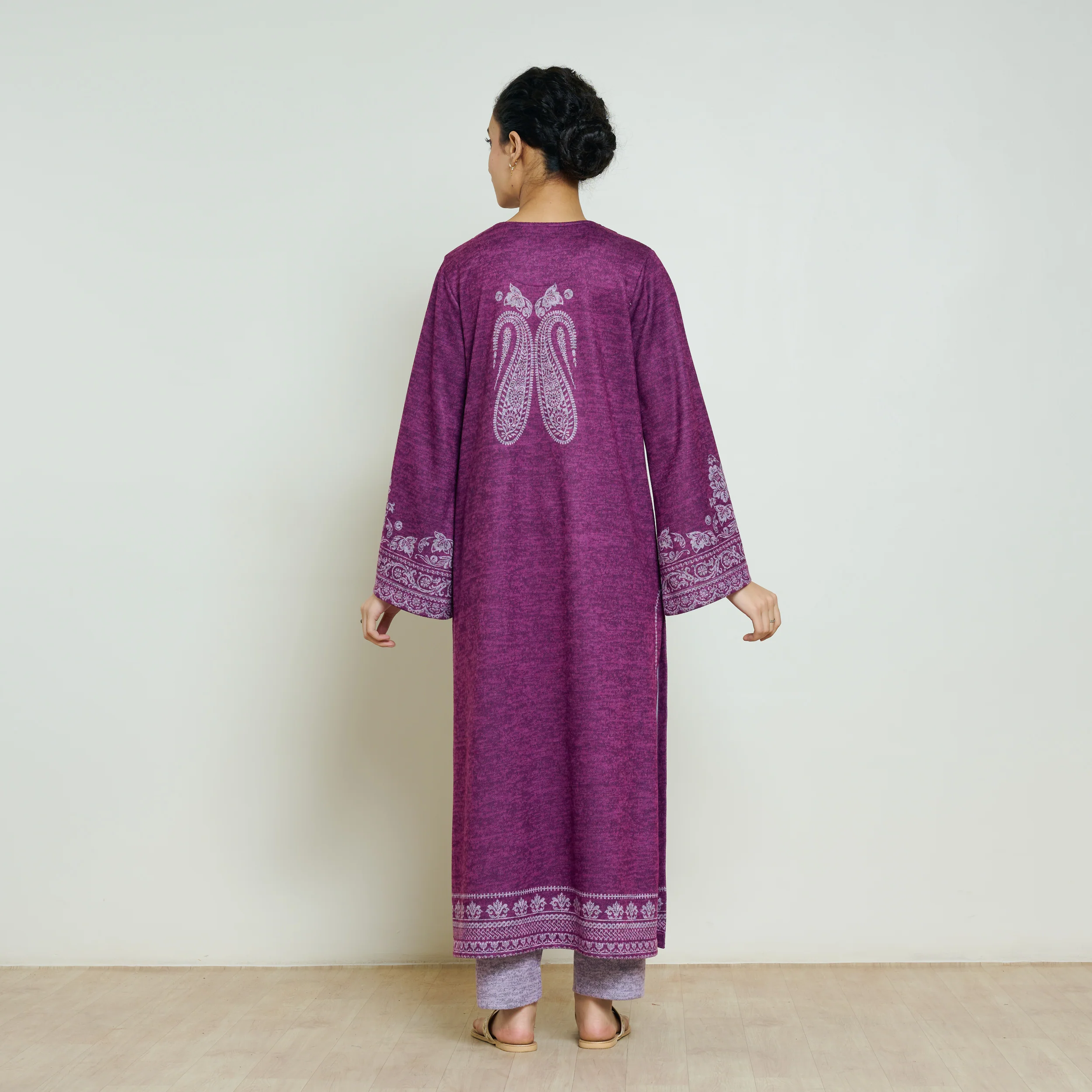 Nura Hand Embroidered Woollen Long Kurta - Wine - Image 6