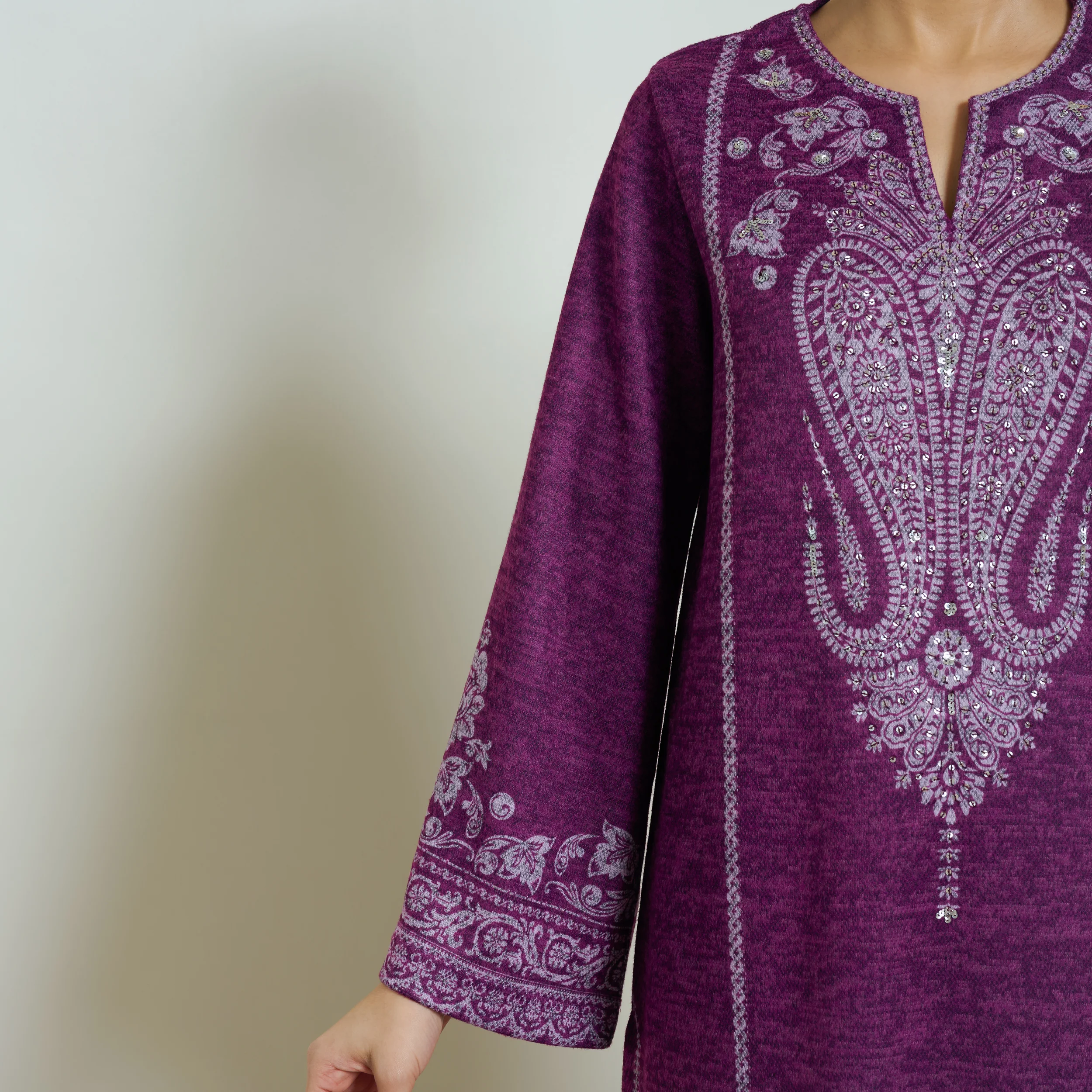 Nura Hand Embroidered Woollen Long Kurta - Wine - Image 7