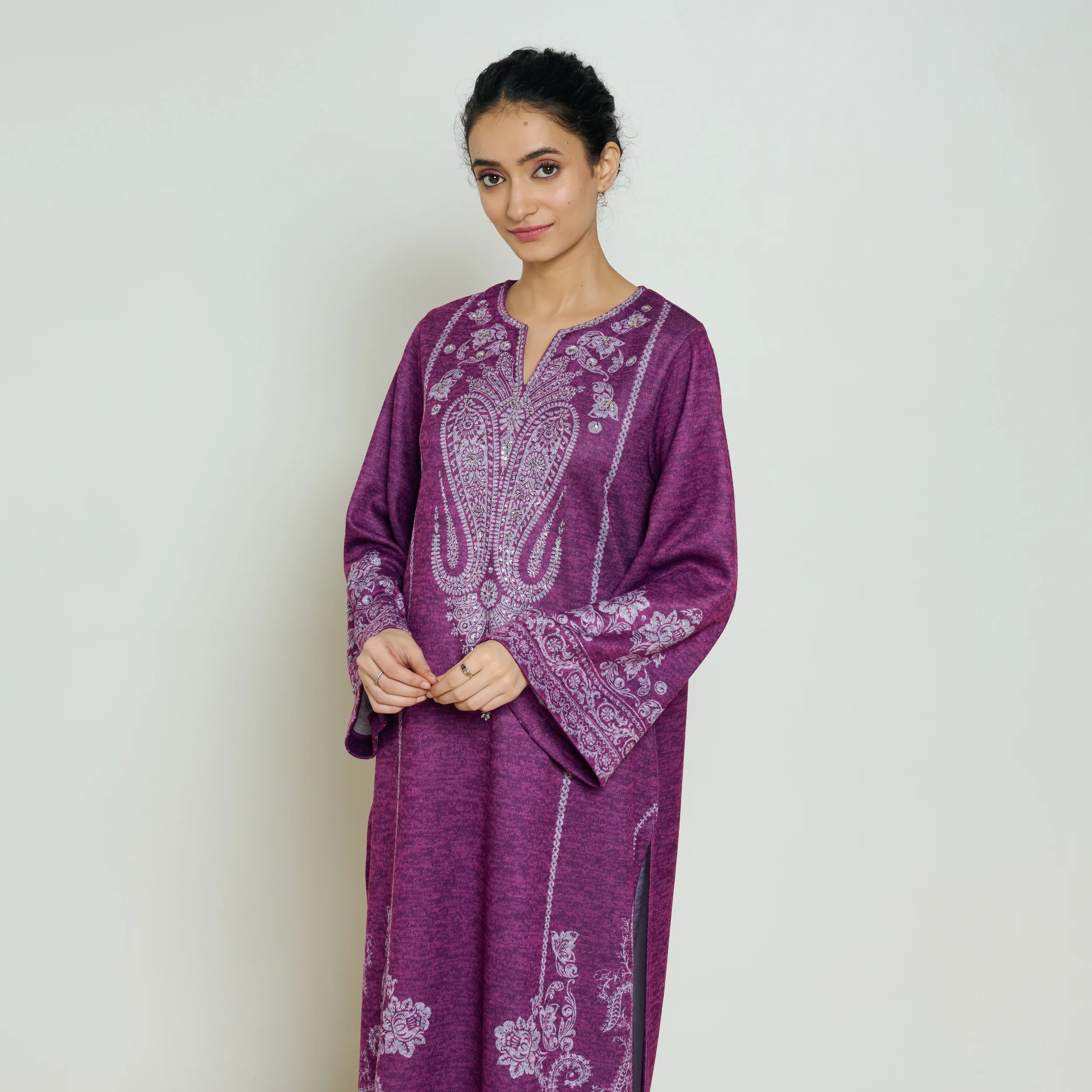 Nura Hand Embroidered Woollen Long Kurta - Wine - Image 8