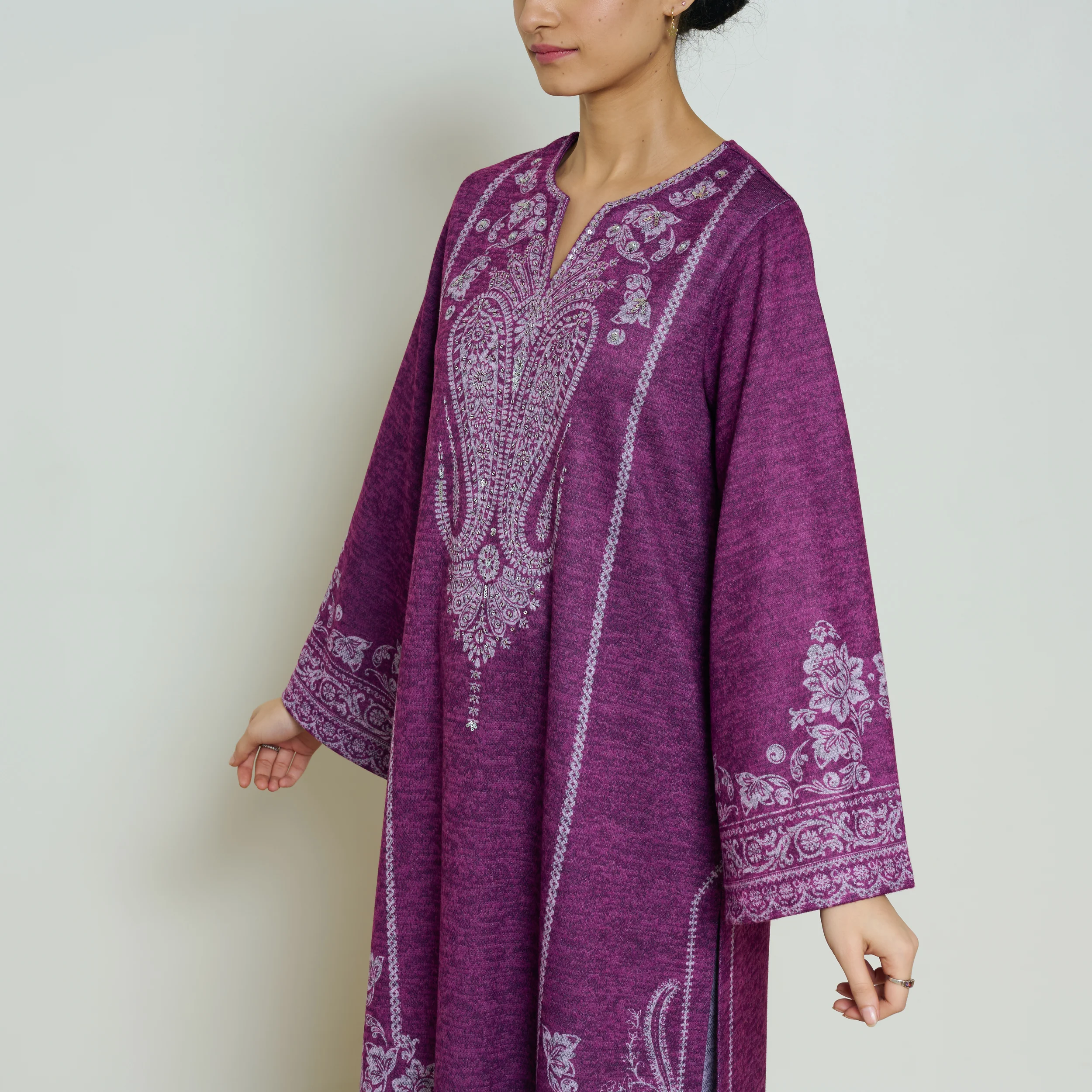 Nura Hand Embroidered Woollen Long Kurta - Wine - Image 9