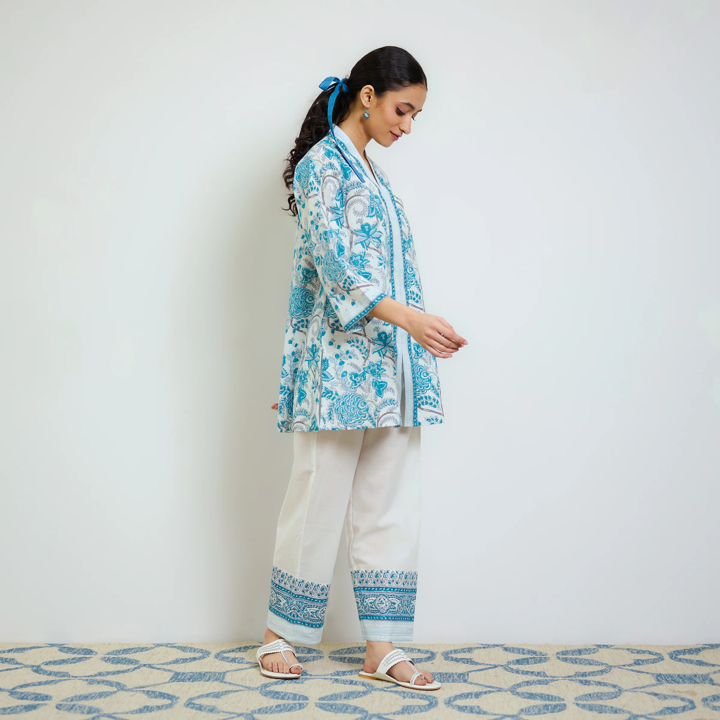 Ocean Blue Sanganeri Printed Cotton Co-ord Set - Image 7