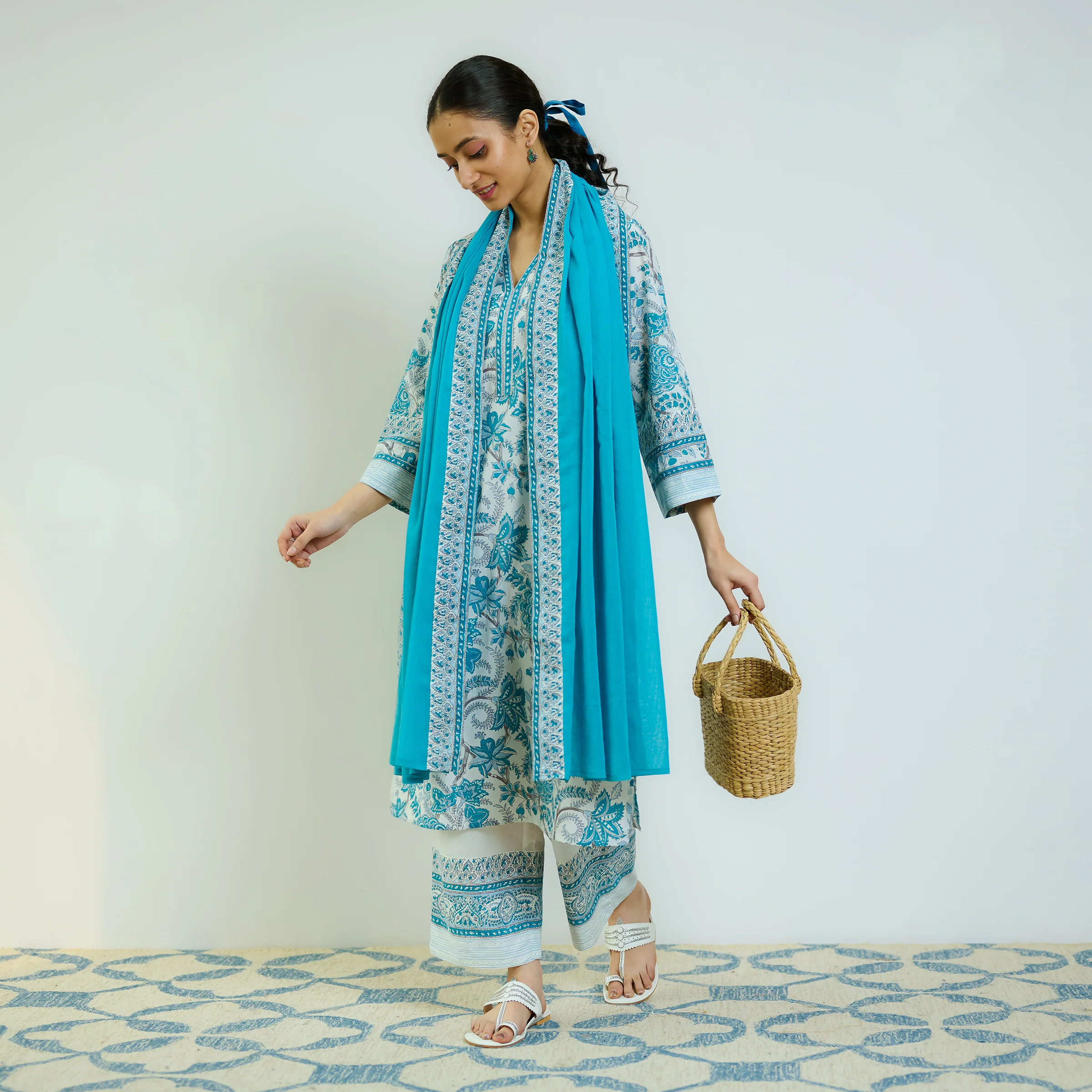 Ocean Blue Sanganeri Printed Cotton Kurta Set with Contrast Mul Cotton Dupatta - Image 3