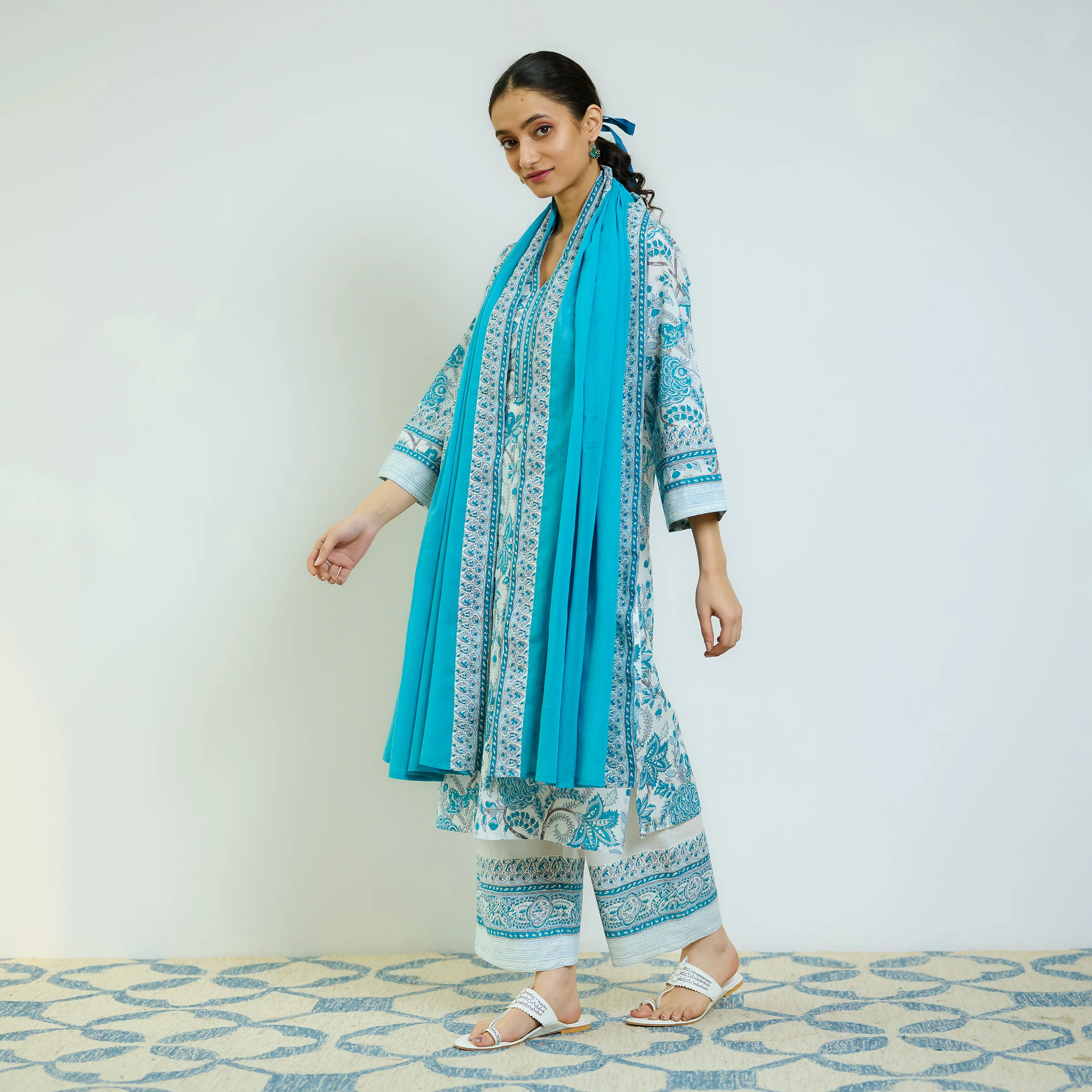 Ocean Blue Sanganeri Printed Cotton Kurta Set with Contrast Mul Cotton Dupatta - Image 4