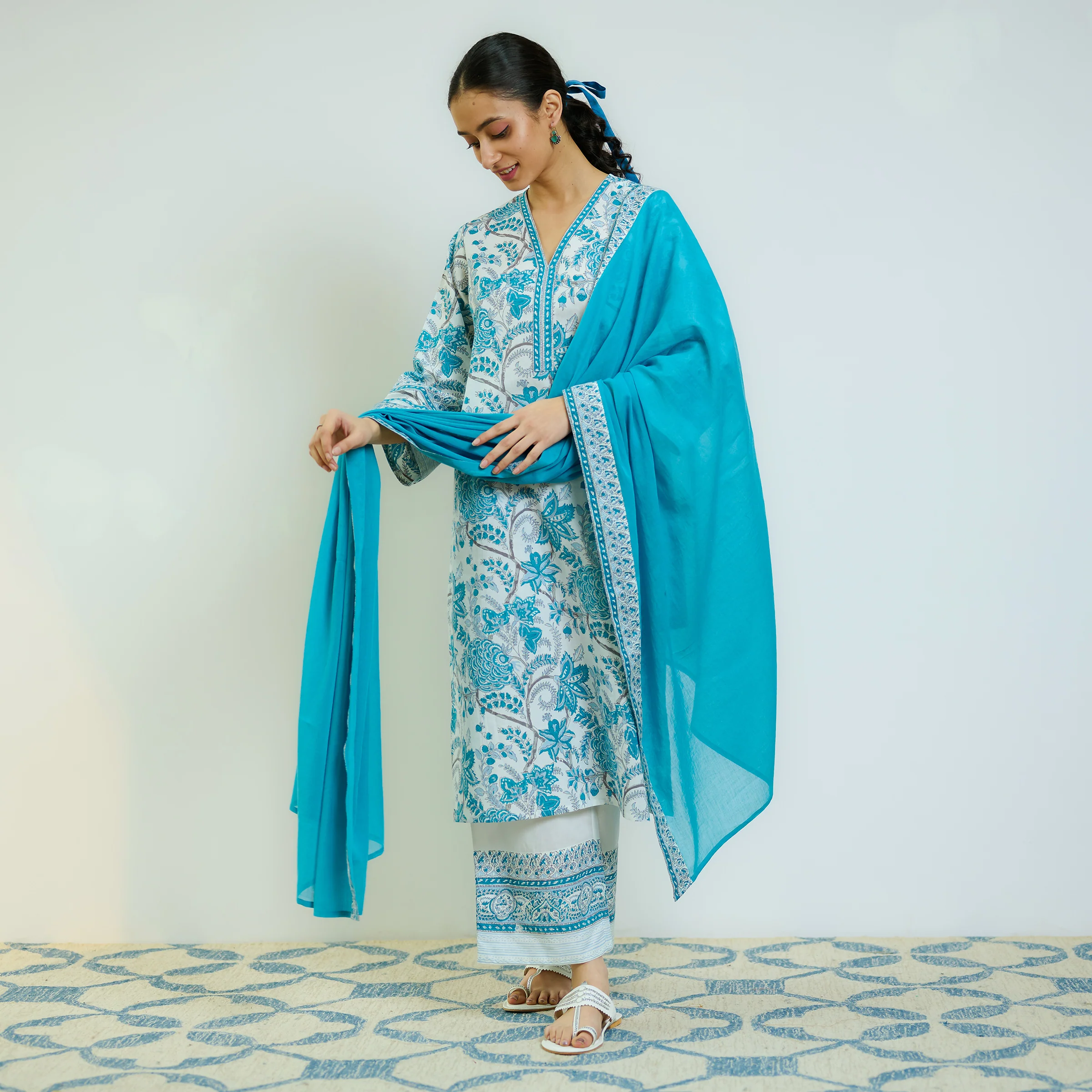 Ocean Blue Sanganeri Printed Cotton Kurta Set with Contrast Mul Cotton Dupatta - Image 5
