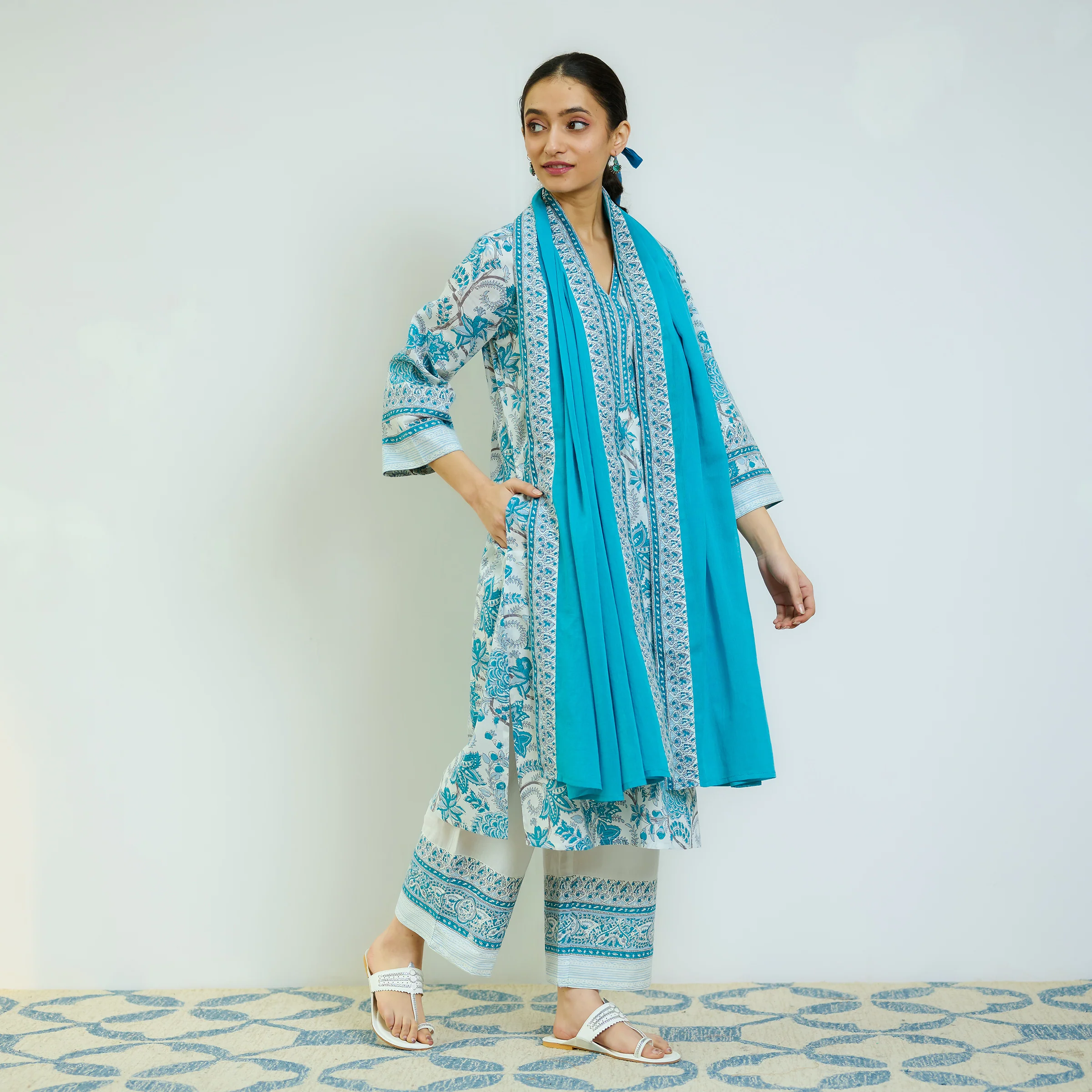 Ocean Blue Sanganeri Printed Cotton Kurta Set with Contrast Mul Cotton Dupatta - Image 6