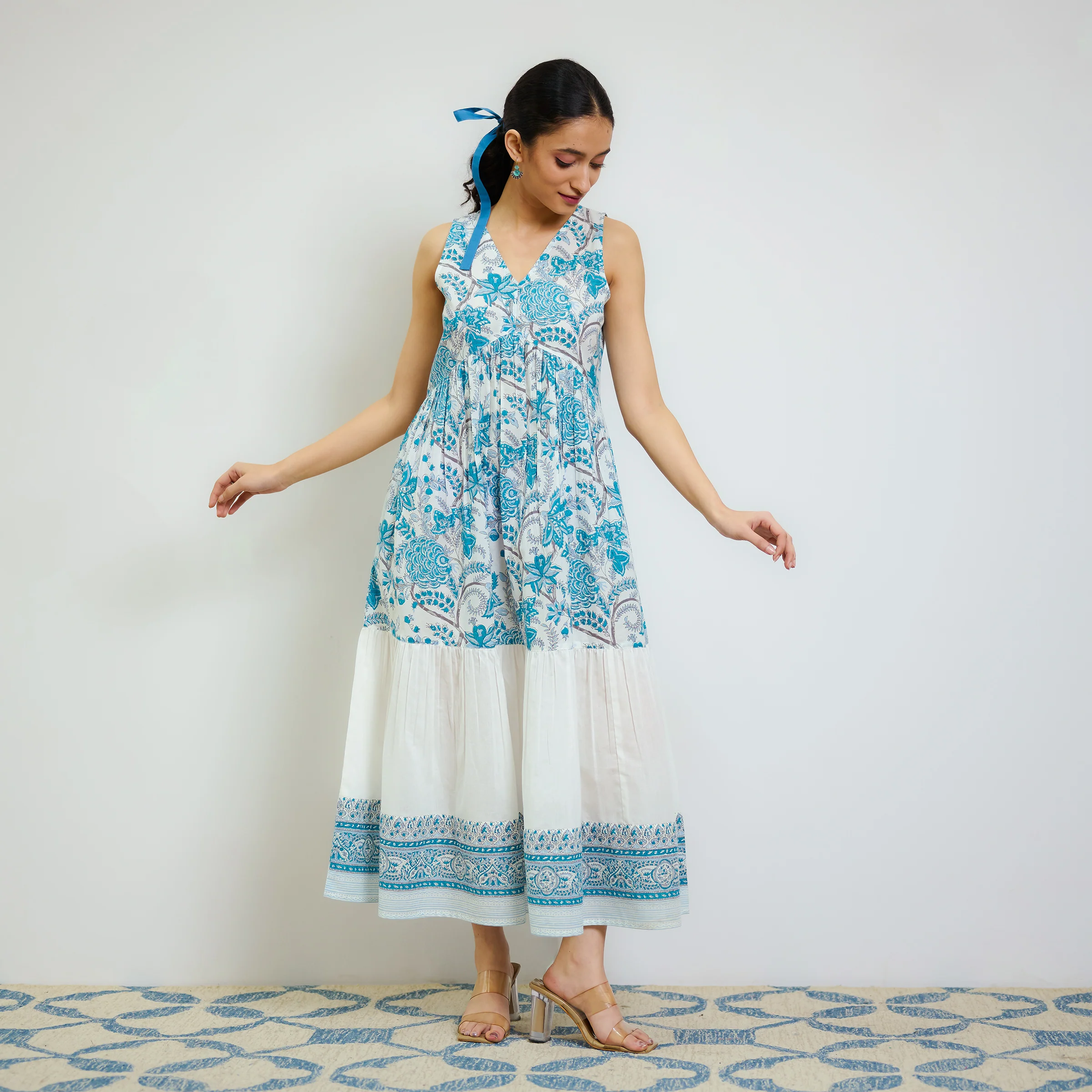 Ocean Blue Sanganeri Printed Cotton Tier Dress - Image 2