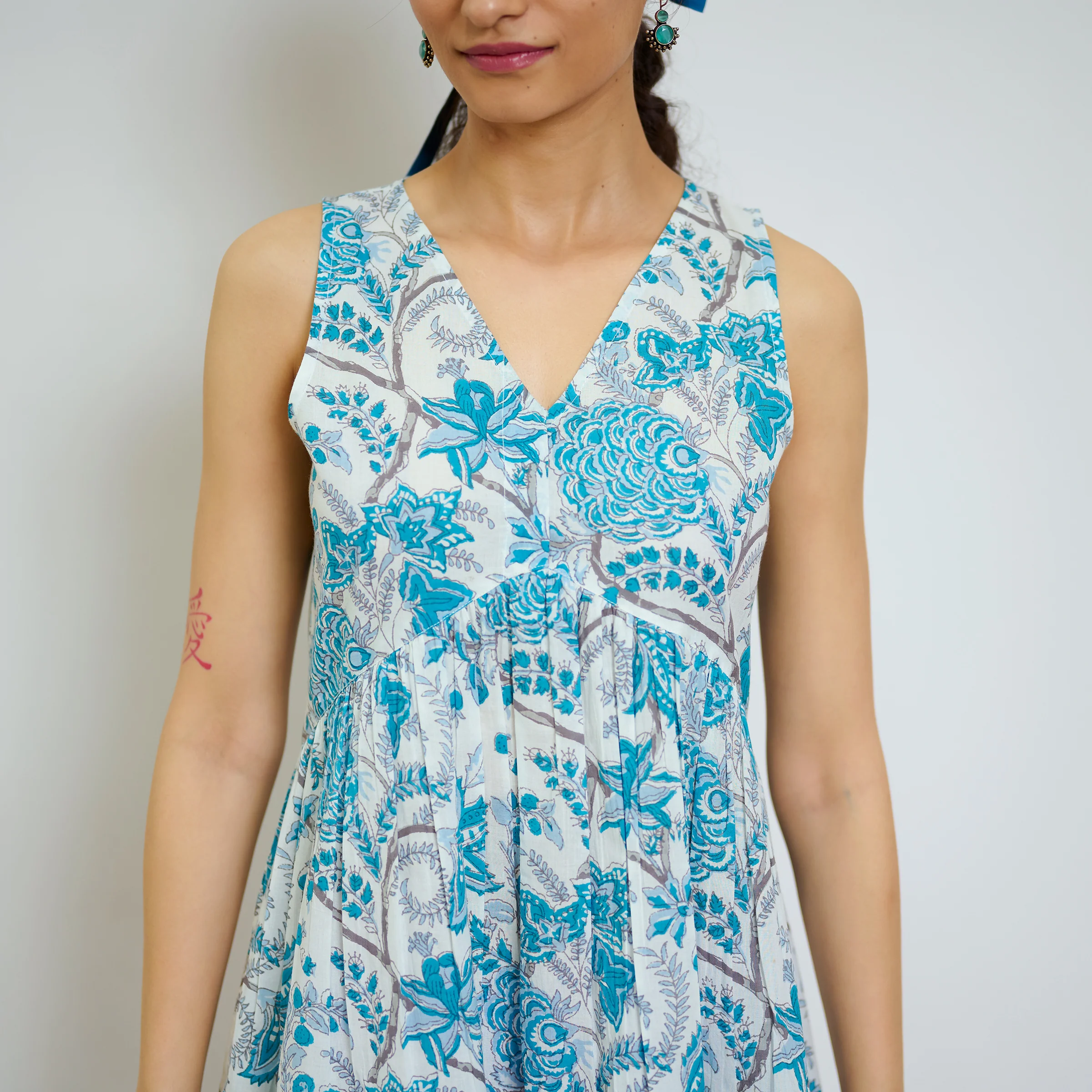 Ocean Blue Sanganeri Printed Cotton Tier Dress - Image 3