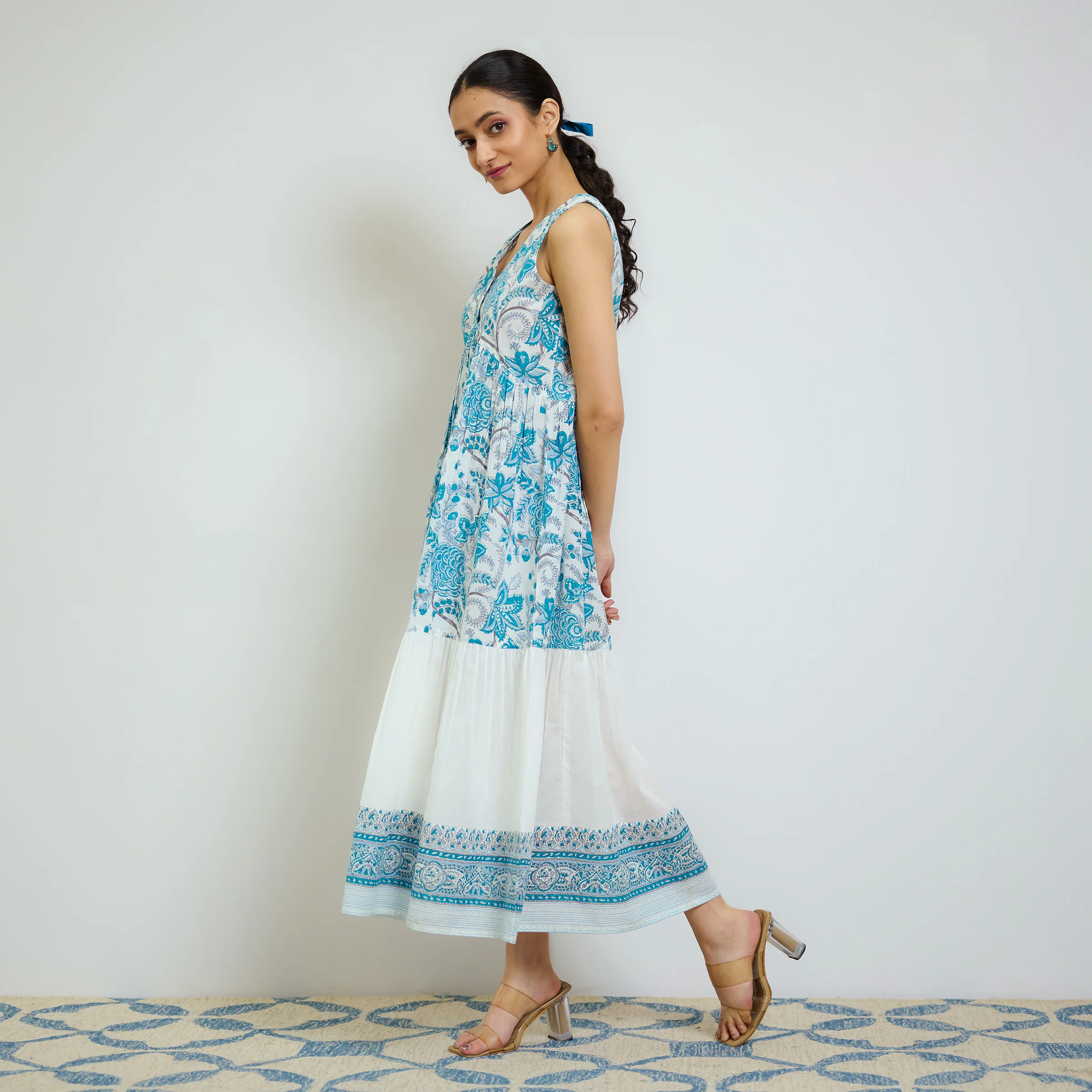 Ocean Blue Sanganeri Printed Cotton Tier Dress - Image 4
