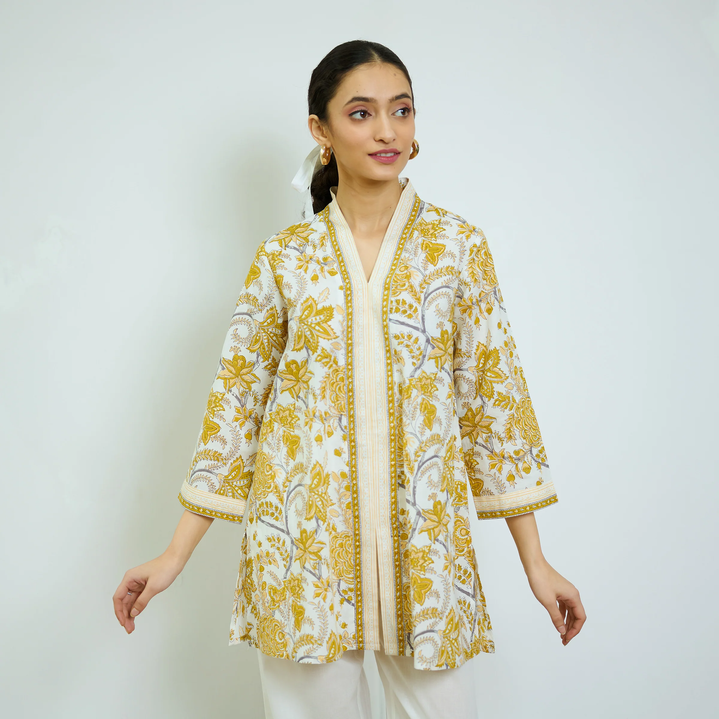 Ochre Yellow Sanganeri Printed Cotton Co-ord Set - Image 3