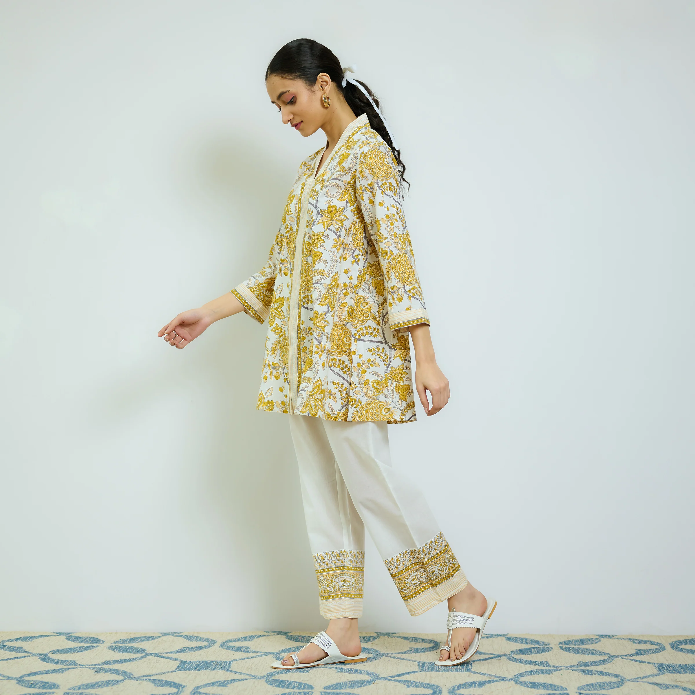 Ochre Yellow Sanganeri Printed Cotton Co-ord Set - Image 5