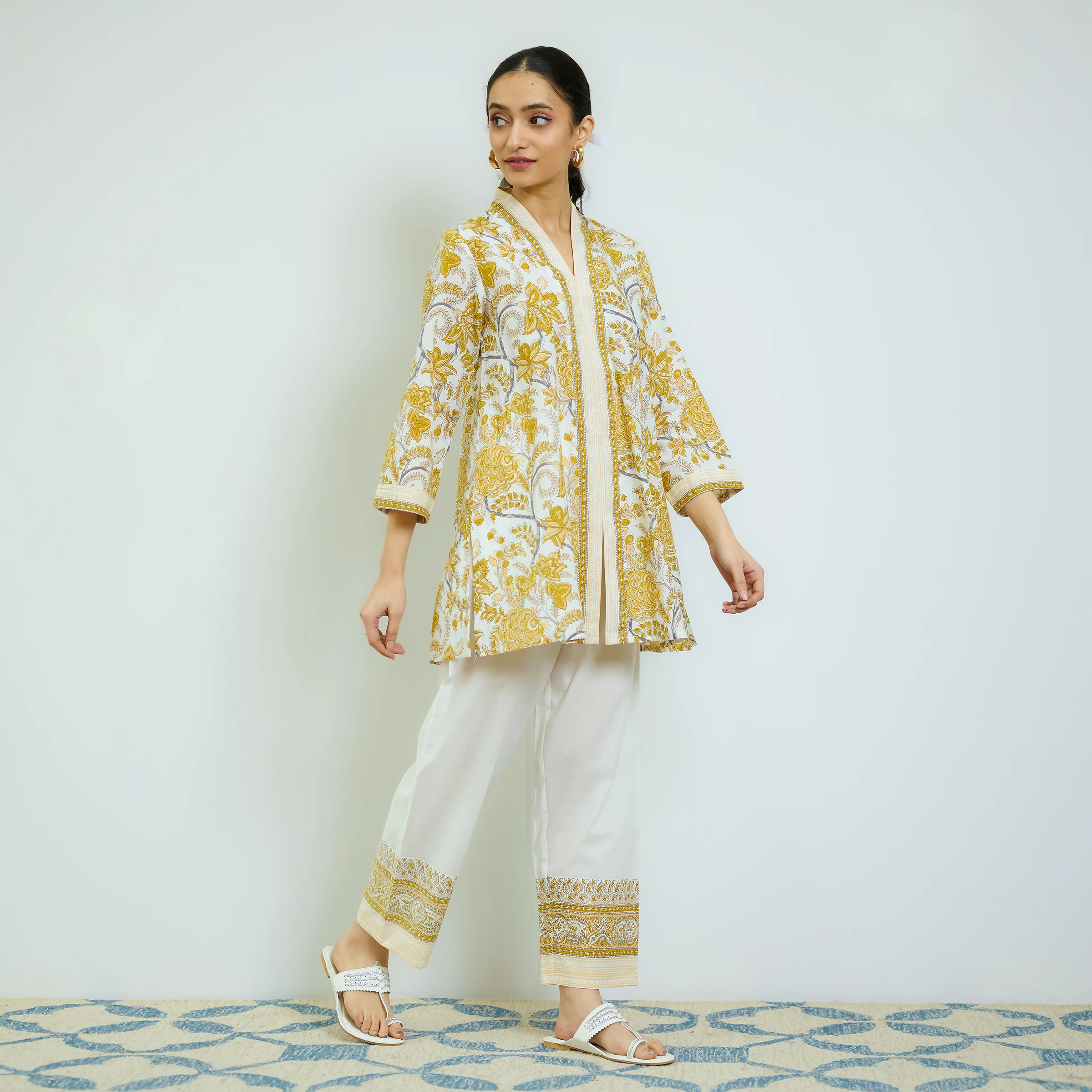 Ochre Yellow Sanganeri Printed Cotton Co-ord Set - Image 6