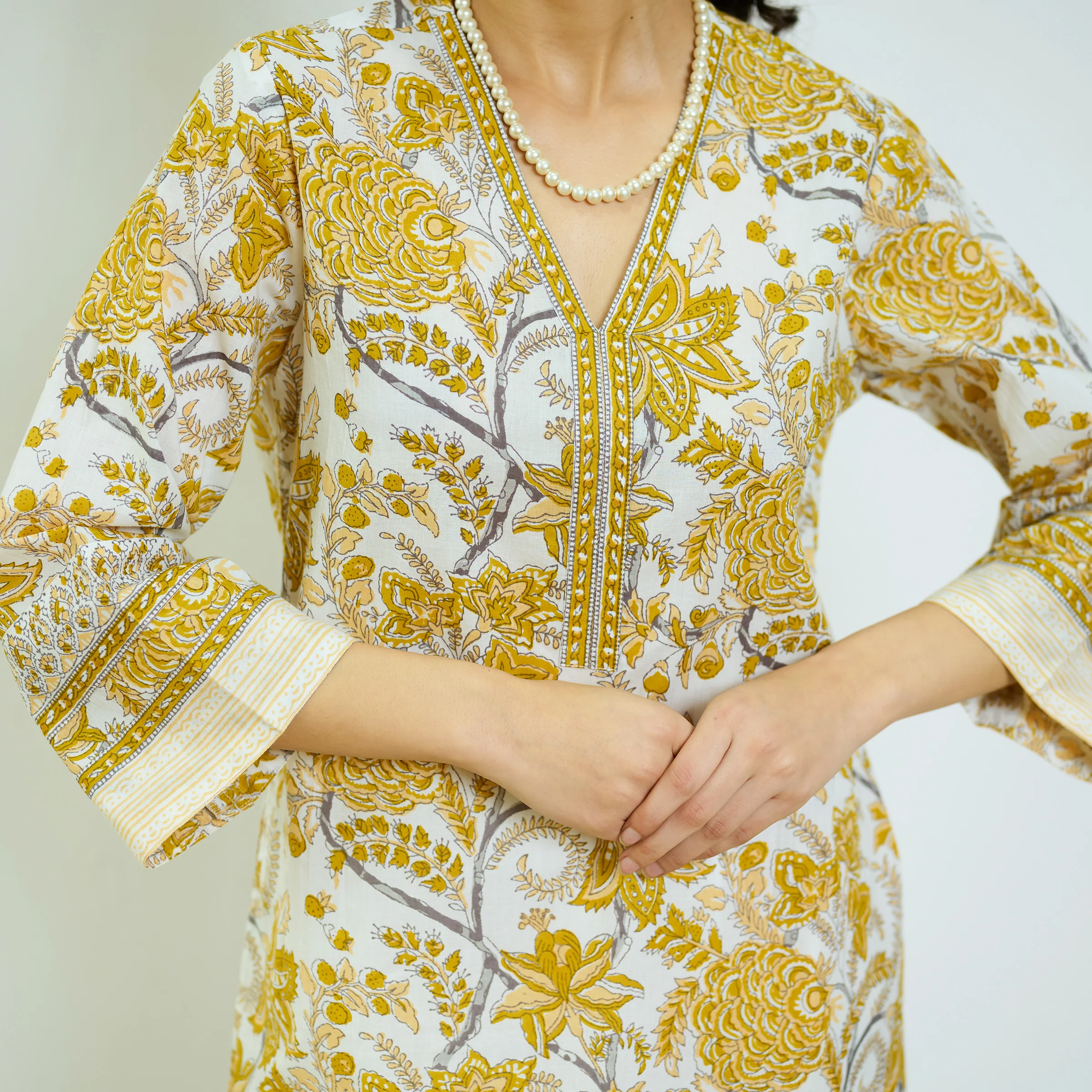 Ochre Yellow Sanganeri Printed Cotton Kurta Set with Contrast Mul Cotton Dupatta - Image 2