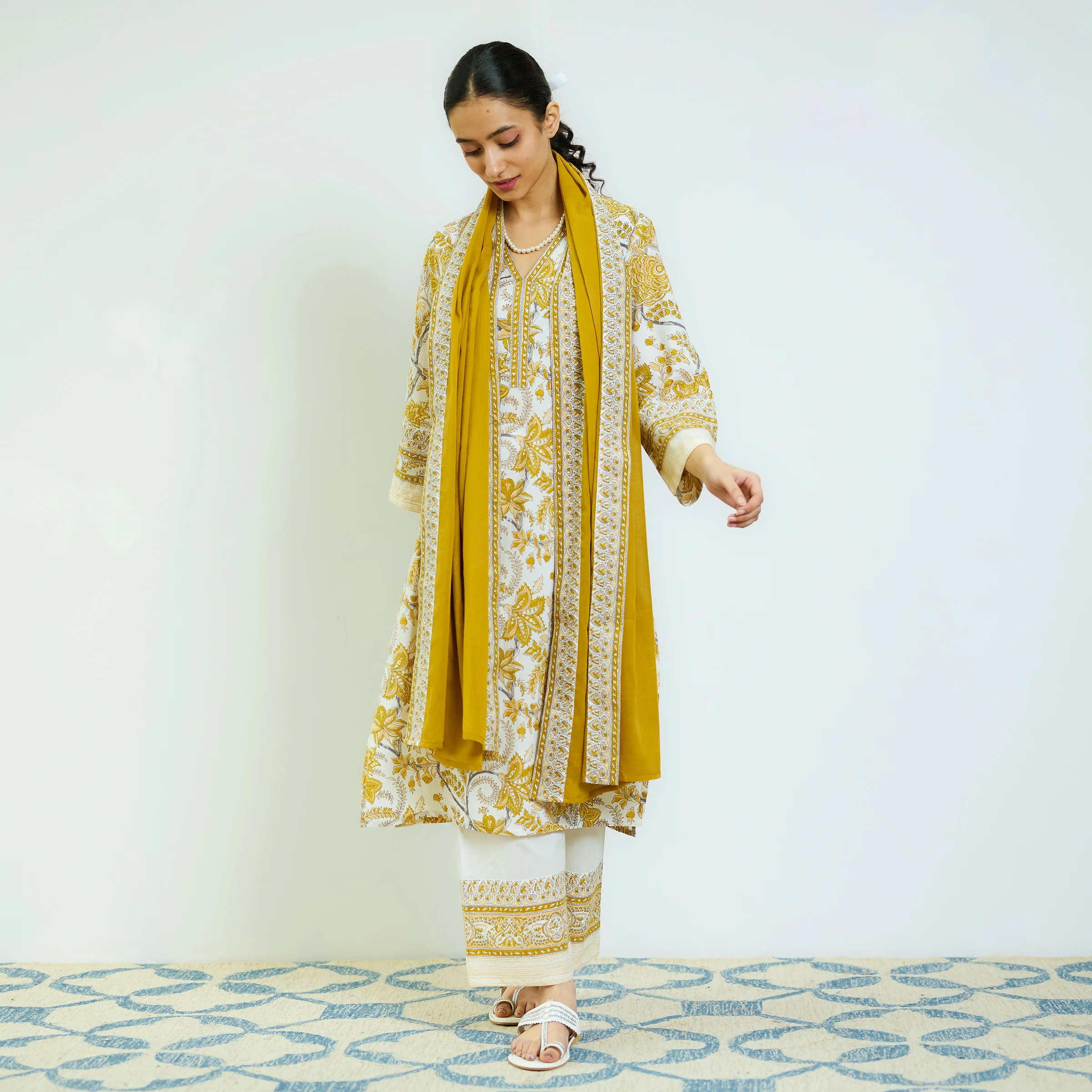 Ochre Yellow Sanganeri Printed Cotton Kurta Set with Contrast Mul Cotton Dupatta - Image 3