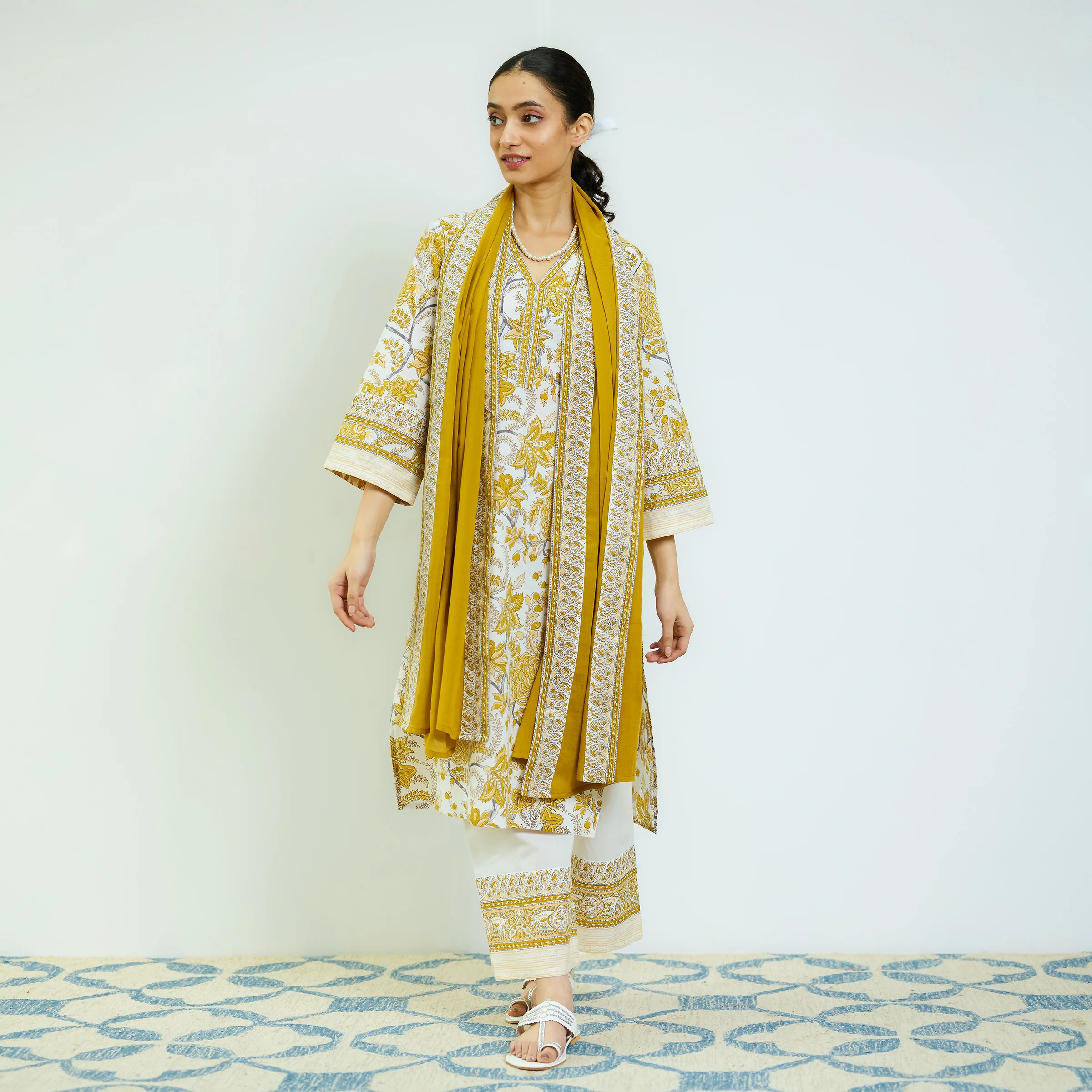 Ochre Yellow Sanganeri Printed Cotton Kurta Set with Contrast Mul Cotton Dupatta - Image 4