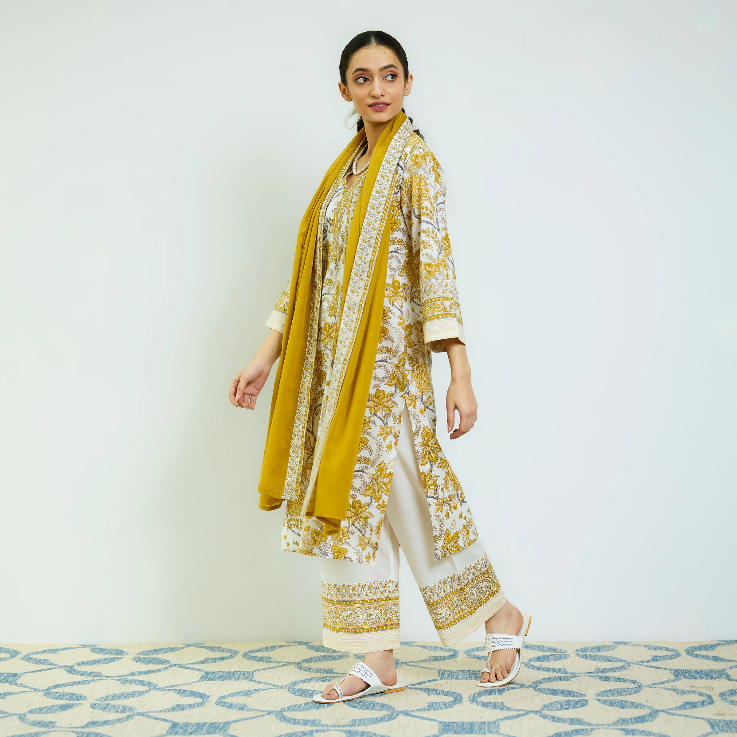Ochre Yellow Sanganeri Printed Cotton Kurta Set with Contrast Mul Cotton Dupatta - Image 5