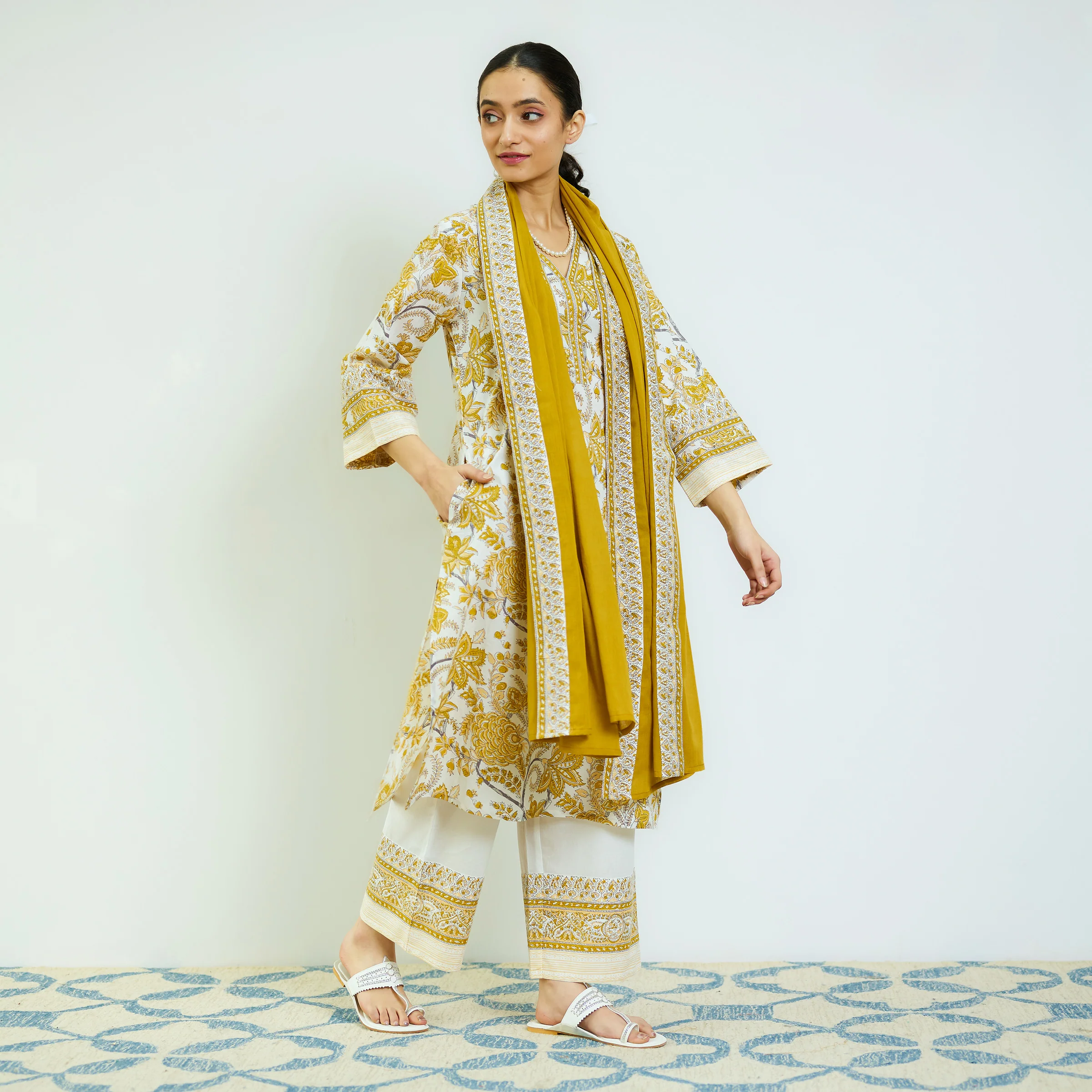 Ochre Yellow Sanganeri Printed Cotton Kurta Set with Contrast Mul Cotton Dupatta - Image 6