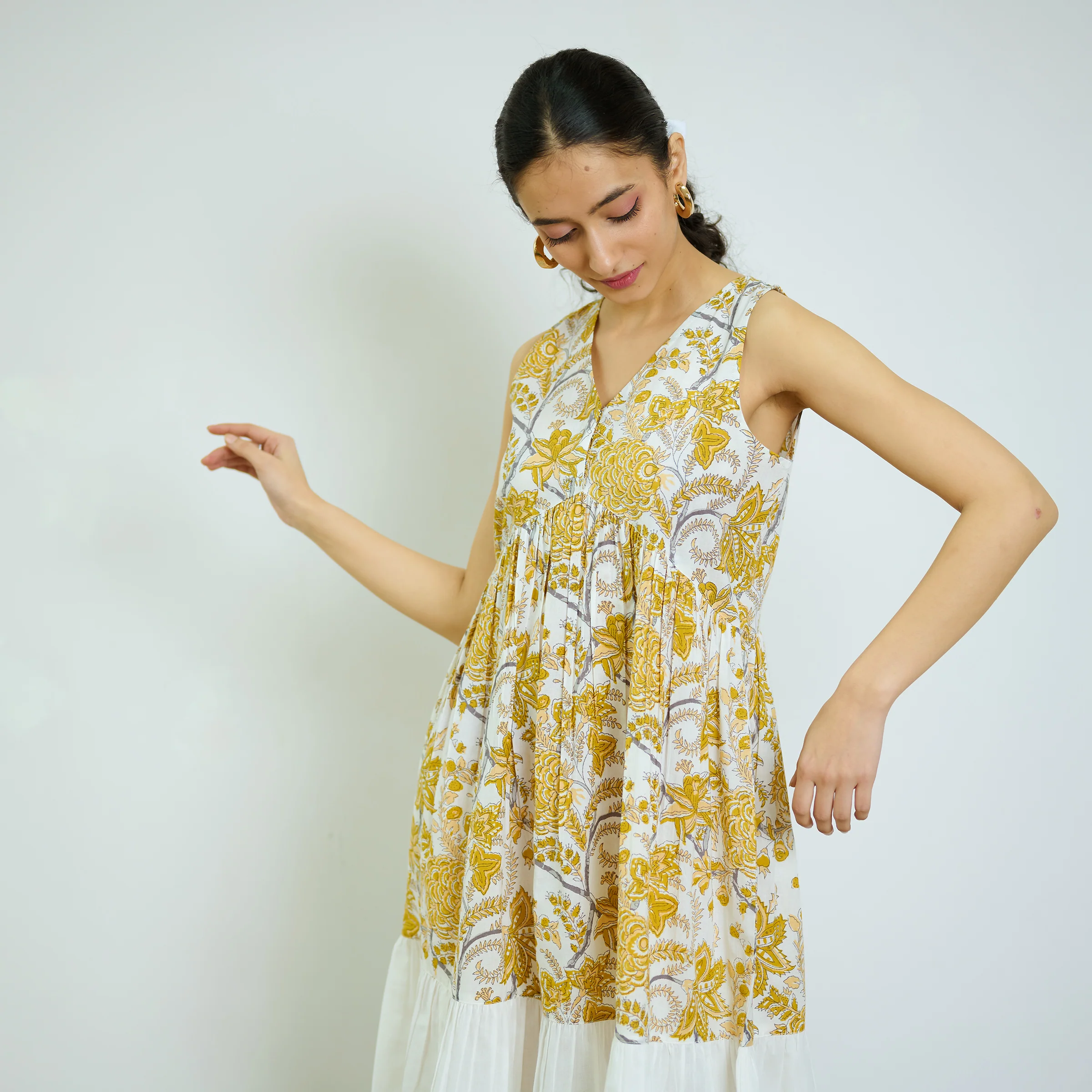 Ochre Yellow Sanganeri Printed Cotton Tier Dress - Image 2