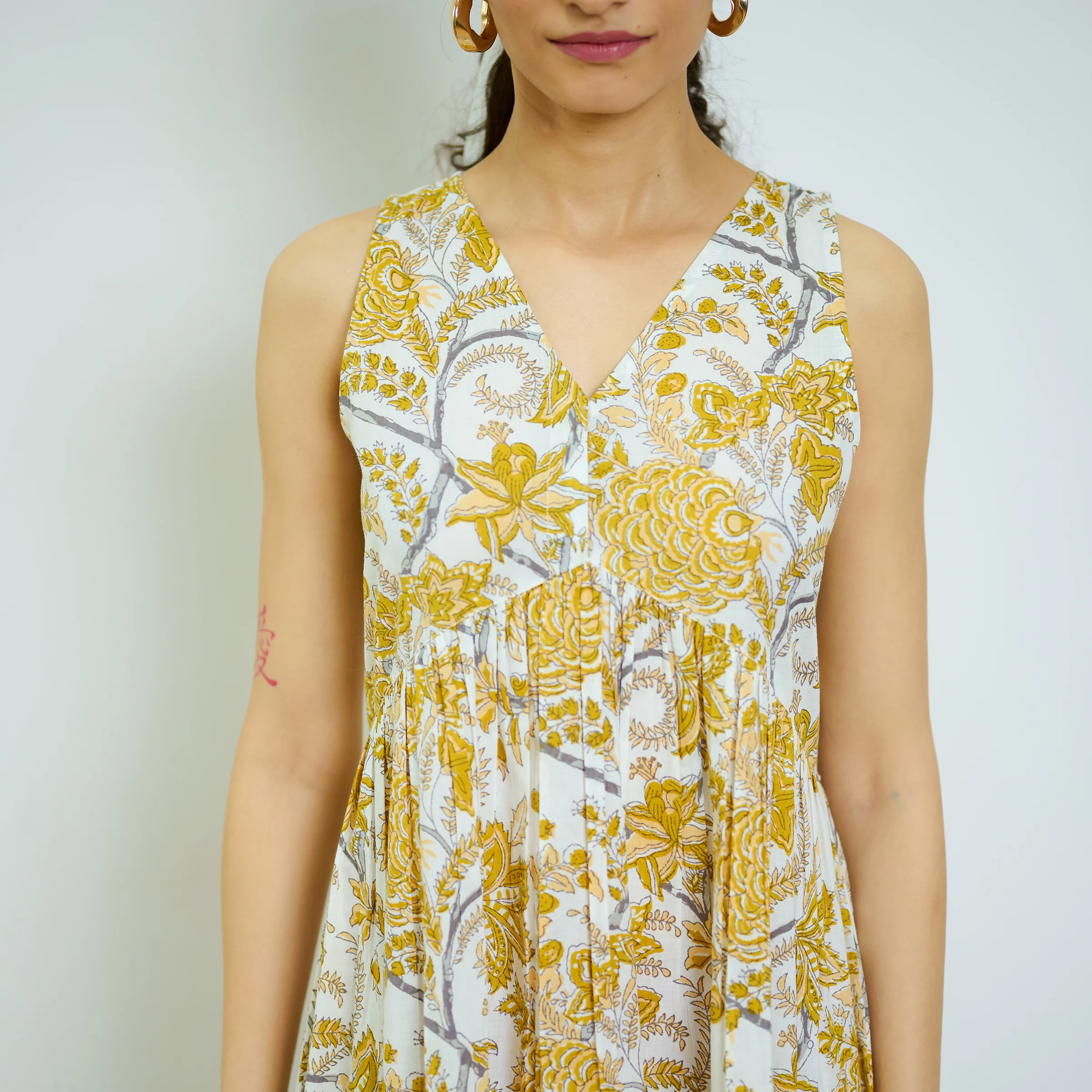 Ochre Yellow Sanganeri Printed Cotton Tier Dress - Image 3