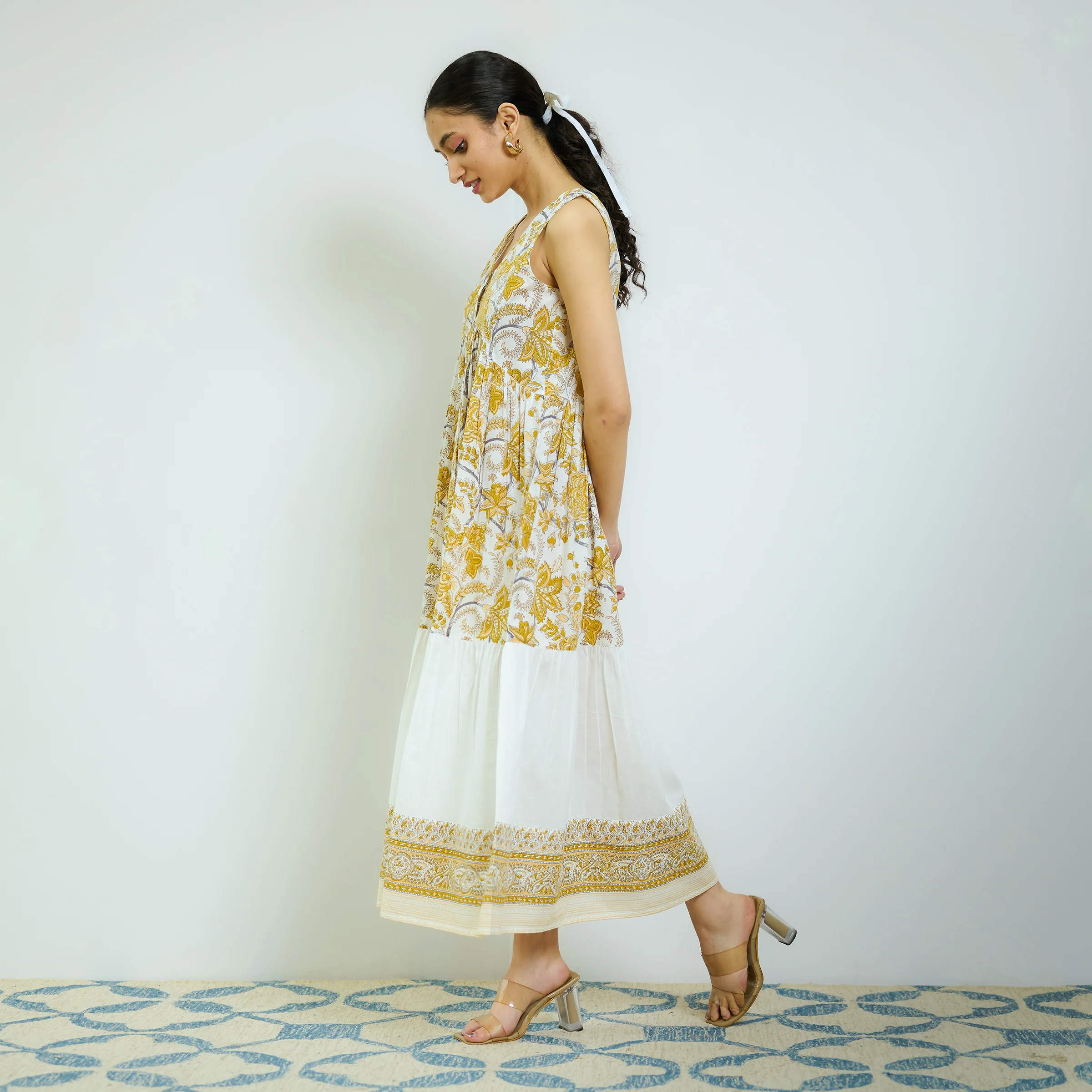 Ochre Yellow Sanganeri Printed Cotton Tier Dress - Image 4