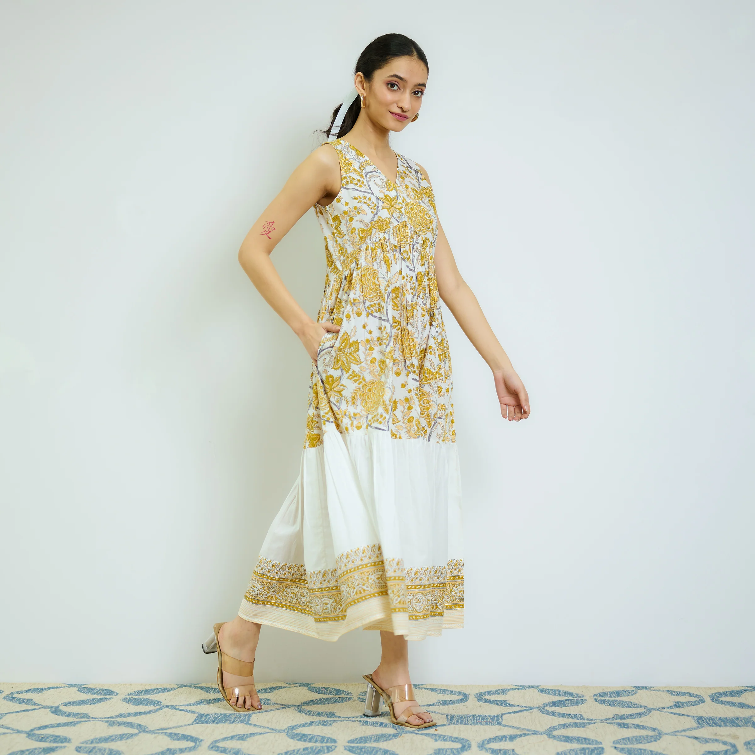Ochre Yellow Sanganeri Printed Cotton Tier Dress - Image 5