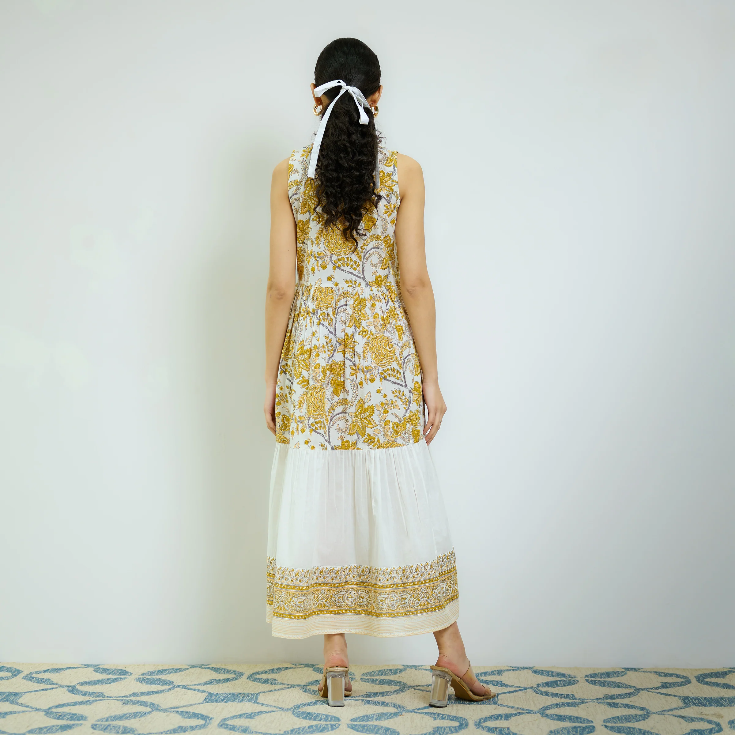 Ochre Yellow Sanganeri Printed Cotton Tier Dress - Image 6
