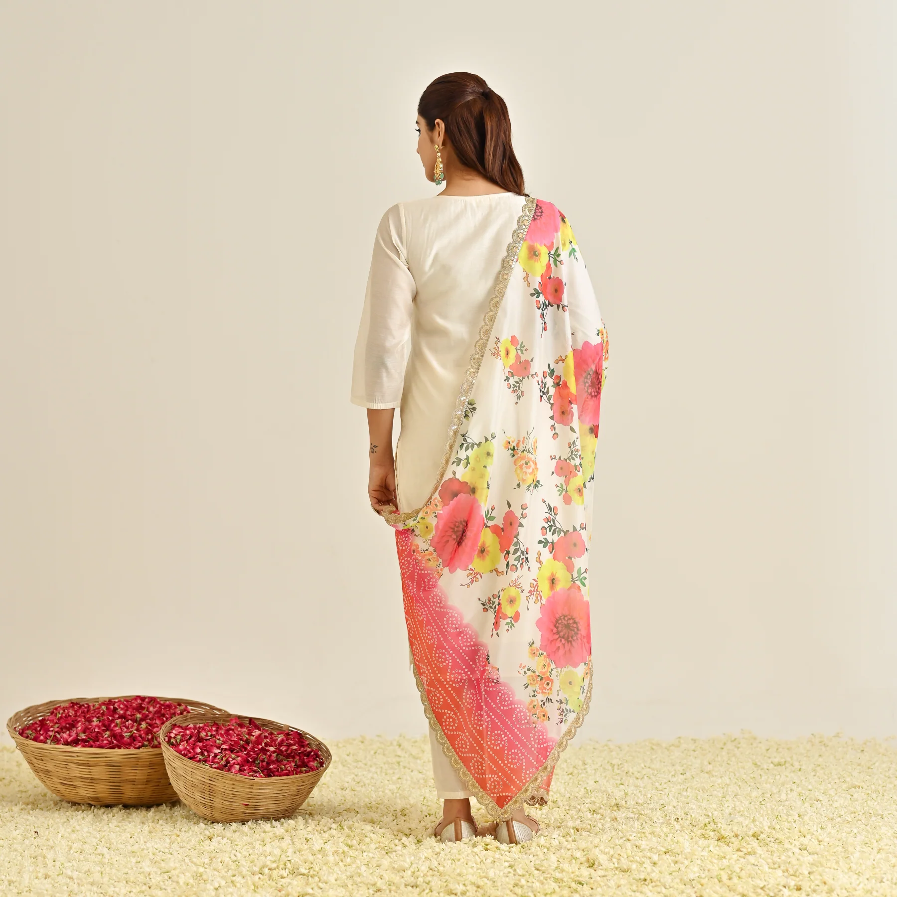 Off White Festive Embroidered Kurta Set with Printed Dupatta & Round Yoke Detail - Image 6
