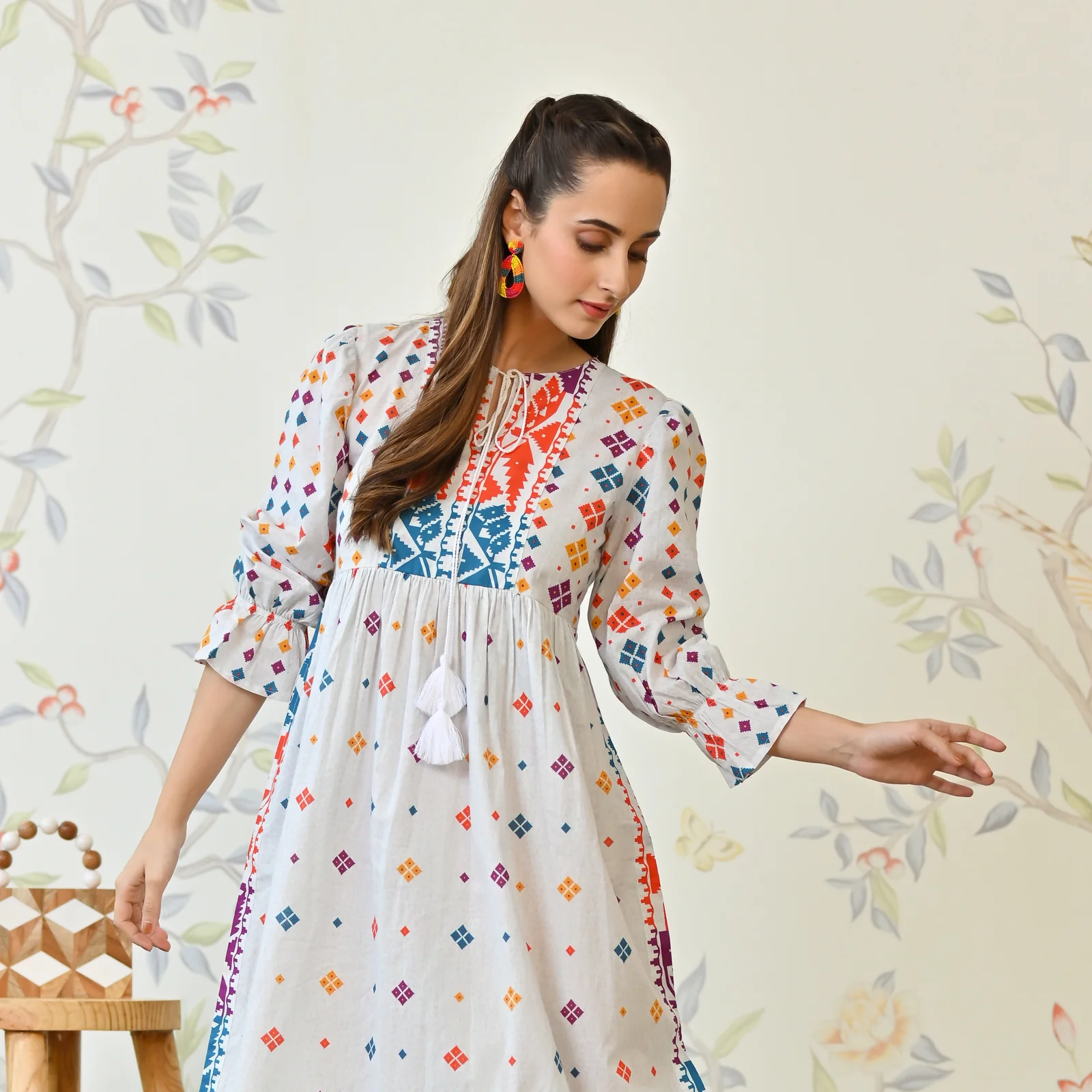 Off White Jamdani Inspired Cotton Dress with Front Tie Up Detail - Image 2