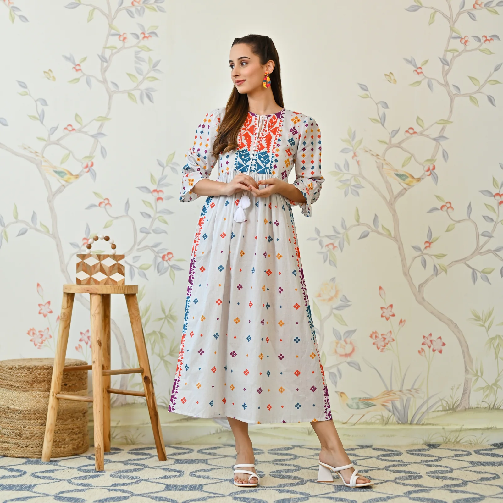 Off White Jamdani Inspired Cotton Dress with Front Tie Up Detail - Image 3