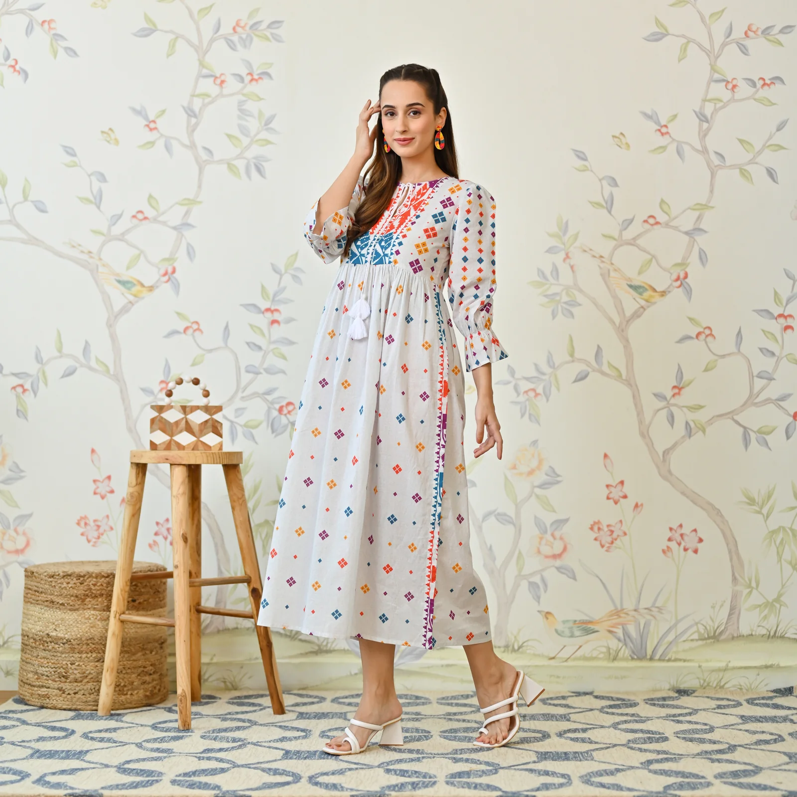 Off White Jamdani Inspired Cotton Dress with Front Tie Up Detail - Image 4