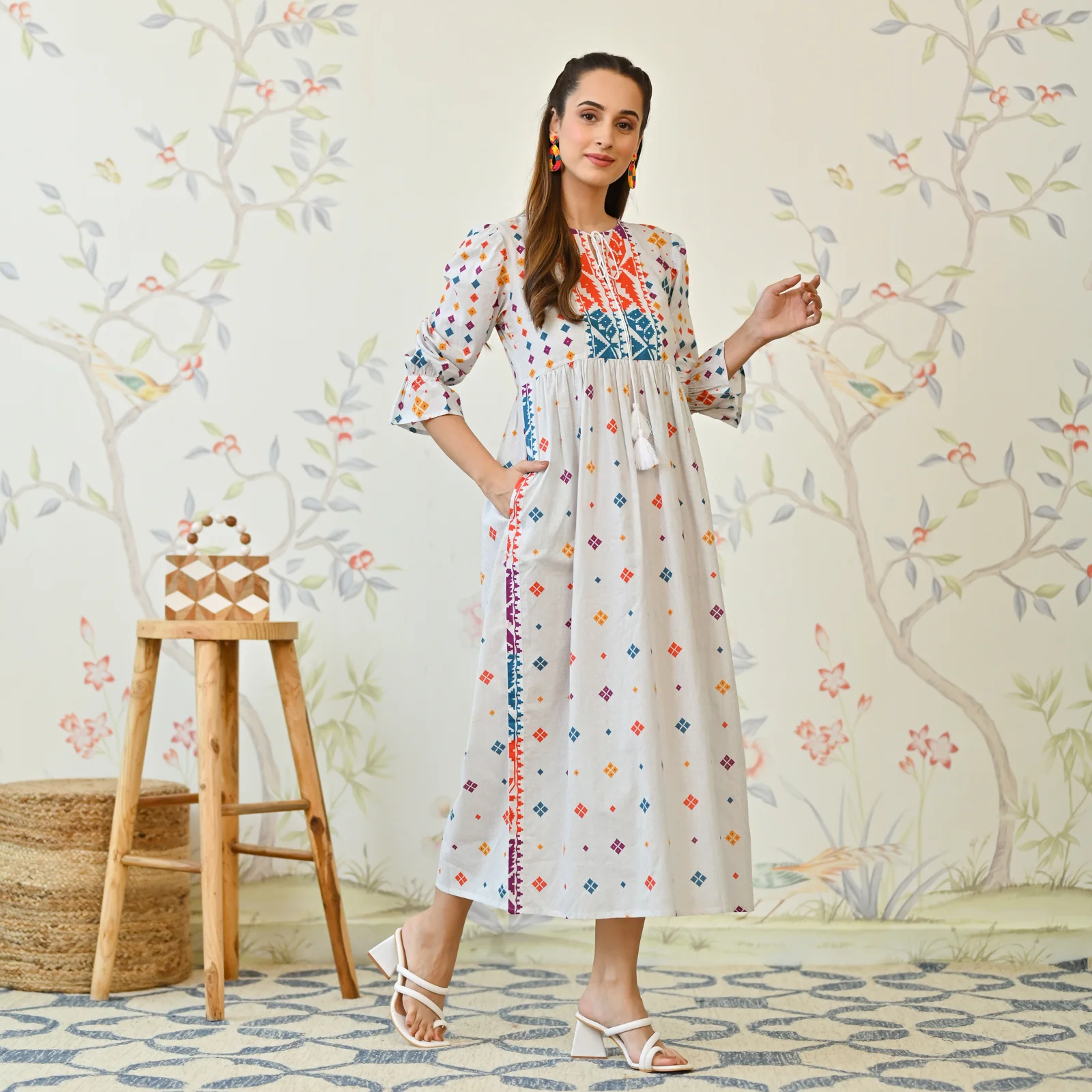 Off White Jamdani Inspired Cotton Dress with Front Tie Up Detail - Image 5